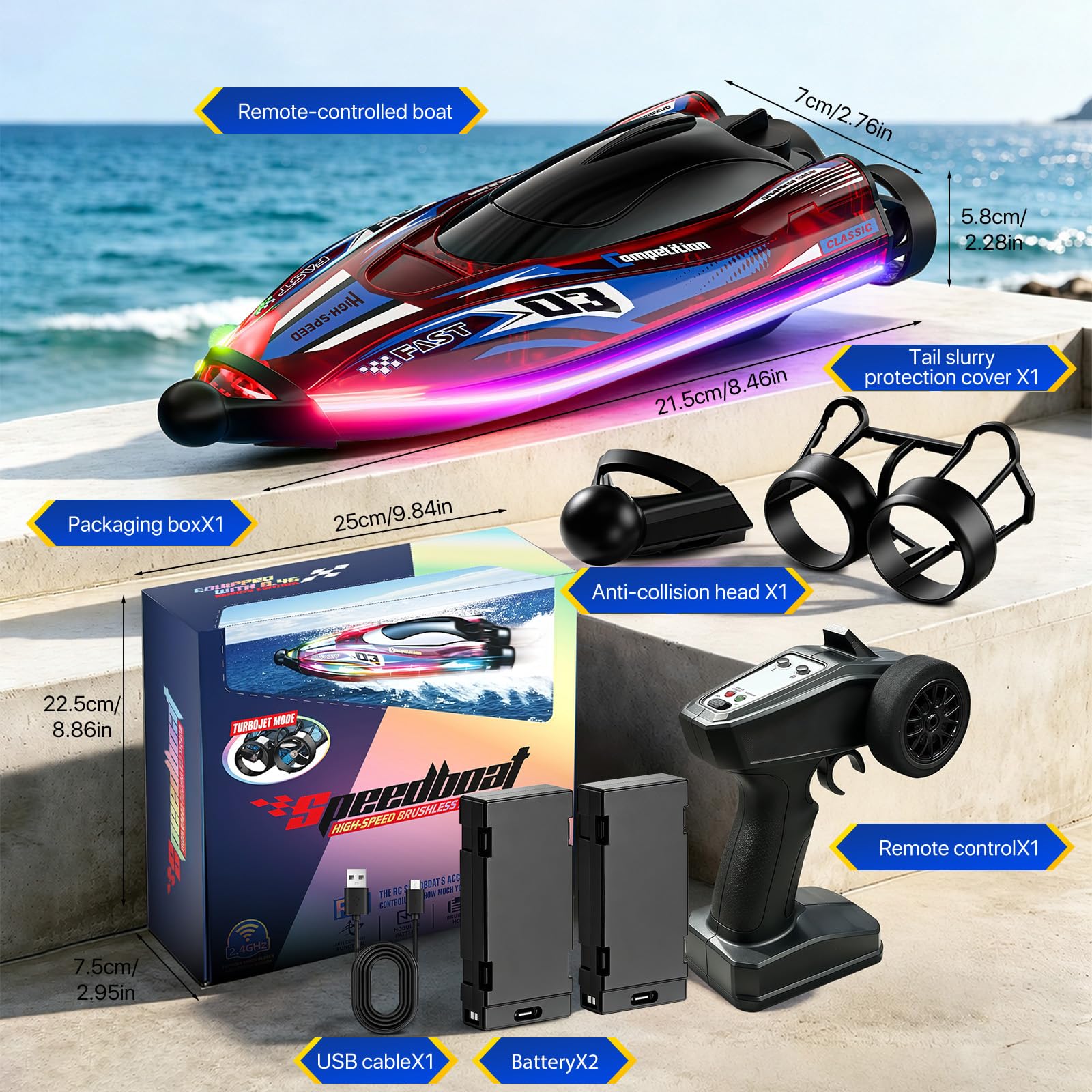 Barco Control Remoto Velocidad 25 Km/H, Receta Automática De 360°,Barco Rc Luces Led, Resistente A Golpes Y Resistente A La Impermeabilización, Radiocontrolado 2,4 Ghz, Juguete Acuático Ideal Para