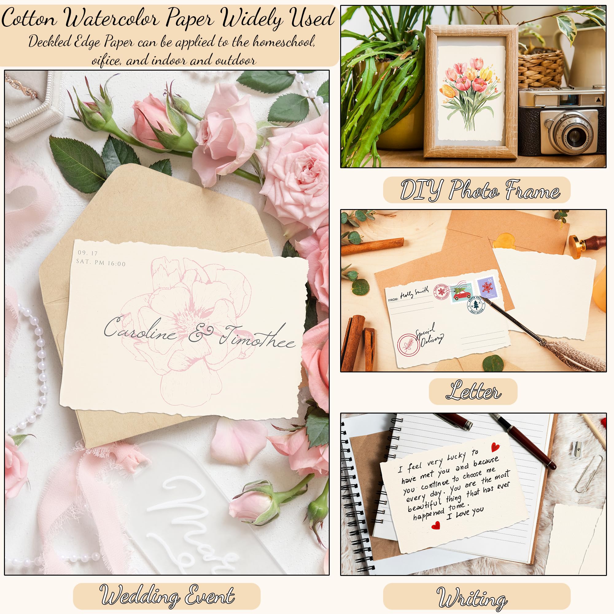 Oleitodh Lot de 200 feuilles de papier aquarelle en coton 10,2 x 15,2 cm, 63,5 kg/300 g/m², papier cartonné texturé à bords superposés pour aquarelle, invitations de mariage, cartes, travaux manuels