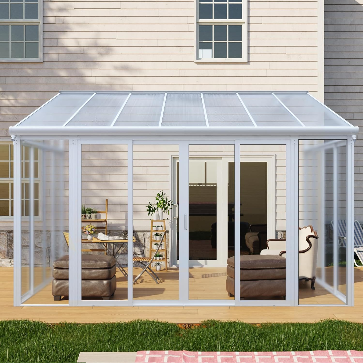 10x14FT Wall Mounted Sunroom Kit All Season,3 Lockable Sliding Doors, Aluminum Alloy Frame,Polycarbonate Roof and Transparent Solid PC Endurance Panel Wall System (White, 10x14FT)