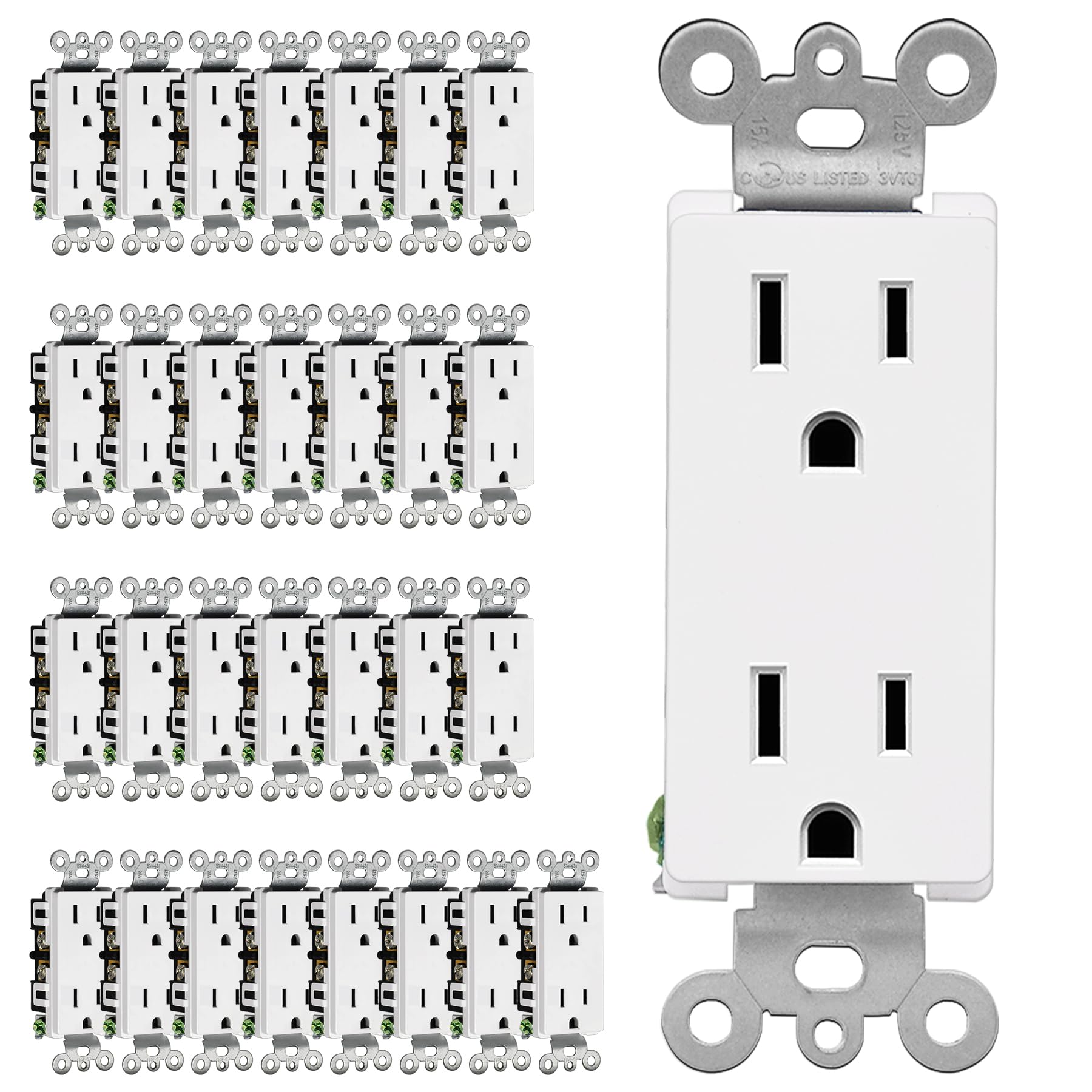 CML 15 Amp Decorator Wall Receptacle, 30 Pack Standard Electrical Outlet, Non-Tamper Resistant, 15A/125V, 2 Pole 3 Wire, Residential and Commercial Use, UL Listed, White