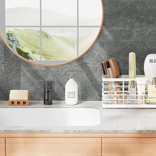 Miniatura 6 de TANONE Papel tapiz de mármol gris oscuro, papel adhesivo de granito brillante para despegar y pegar, superficies de cubierta de película de vinilo