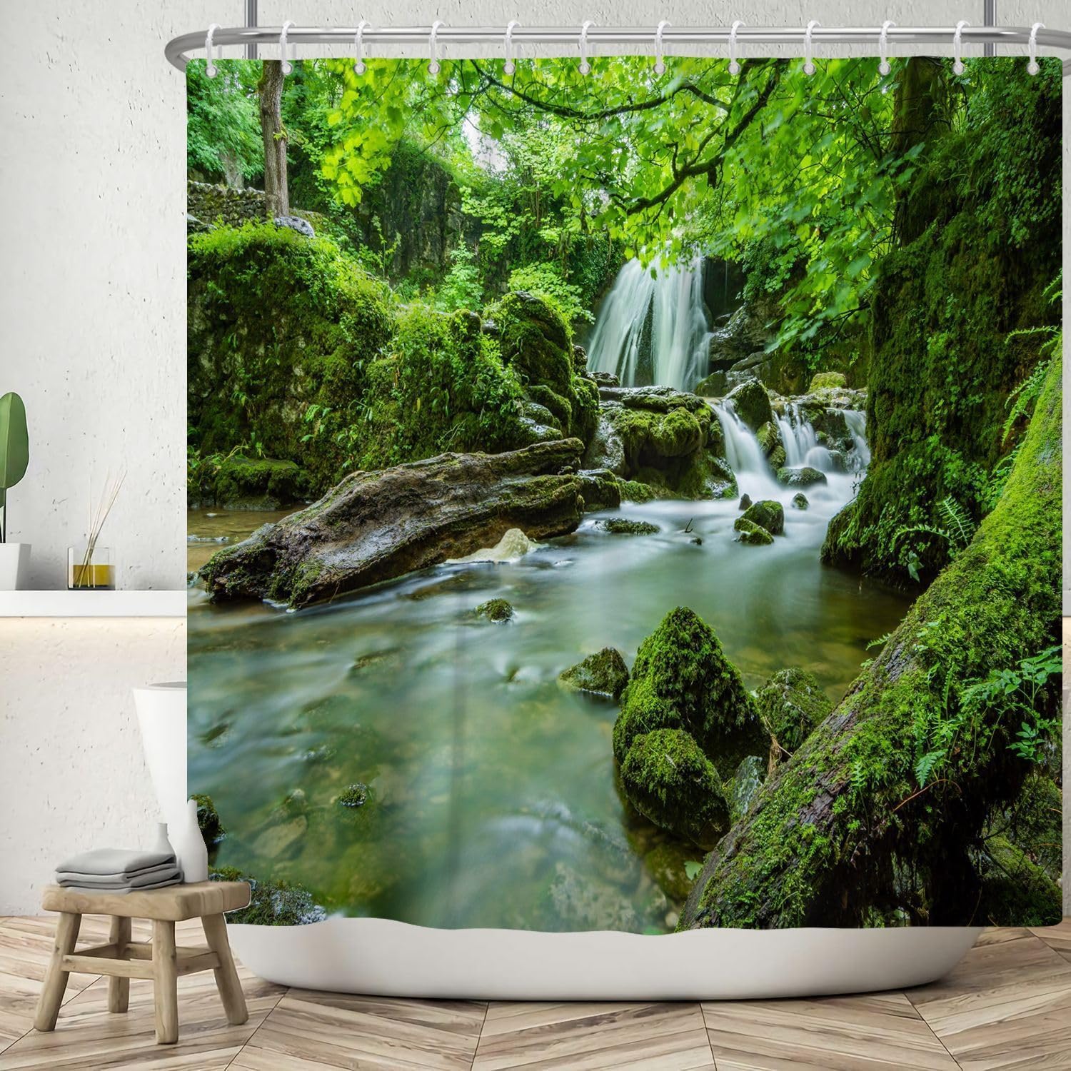 Duschvorhang 300x200 Wald, Duschvorhang Anti-schimmel Natürliche Landschaft 3D Duschvorhänge Waschbar für Badezimmer Badewannen mit 12 Ringe 504-FG