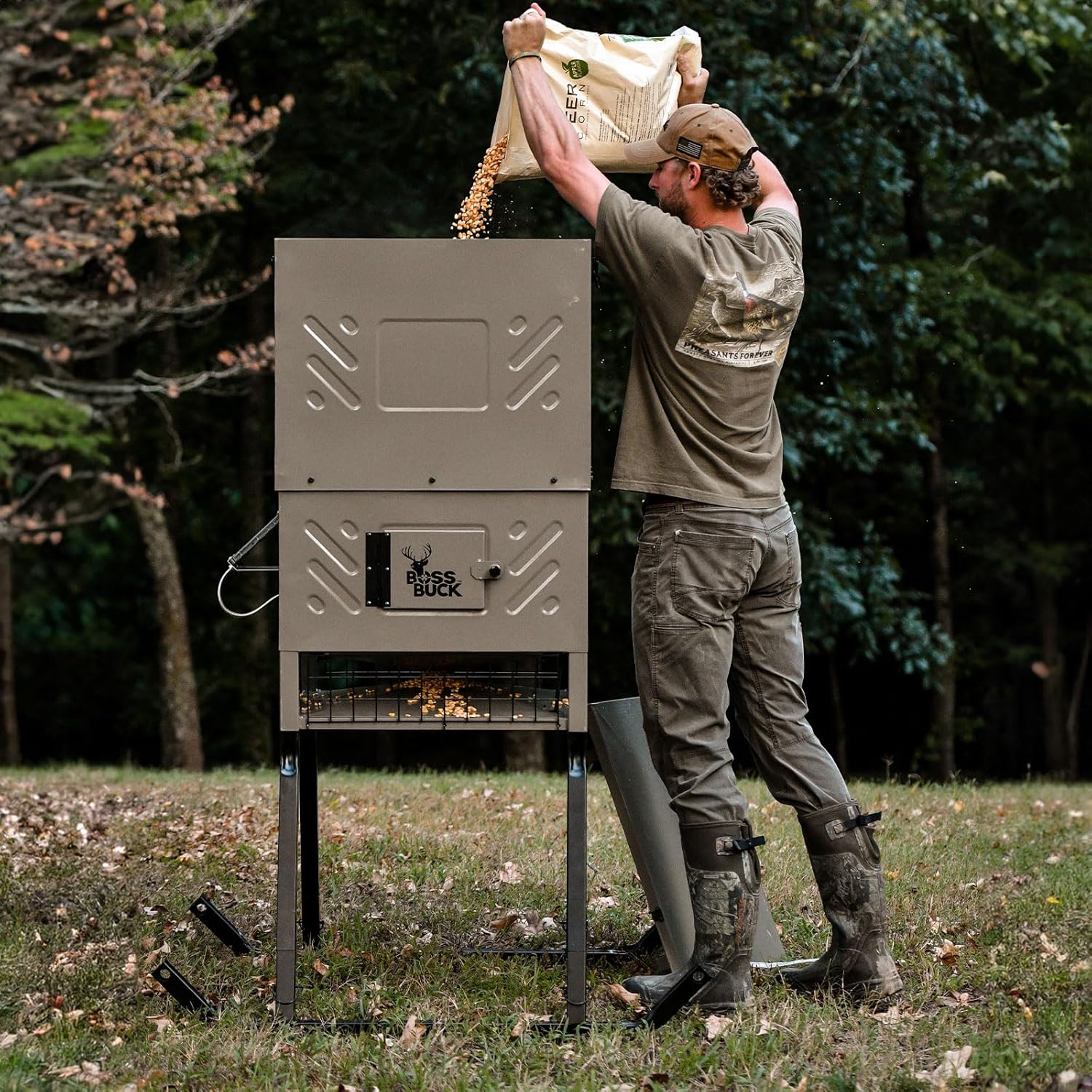 BOSS Buck Stand & Fill Sled Feeder with Diverter Plate & Solar Panel | Easy Assembly Durable Steel Deer Hunting Varmint Guarded Programmable Automatic Game Feeder