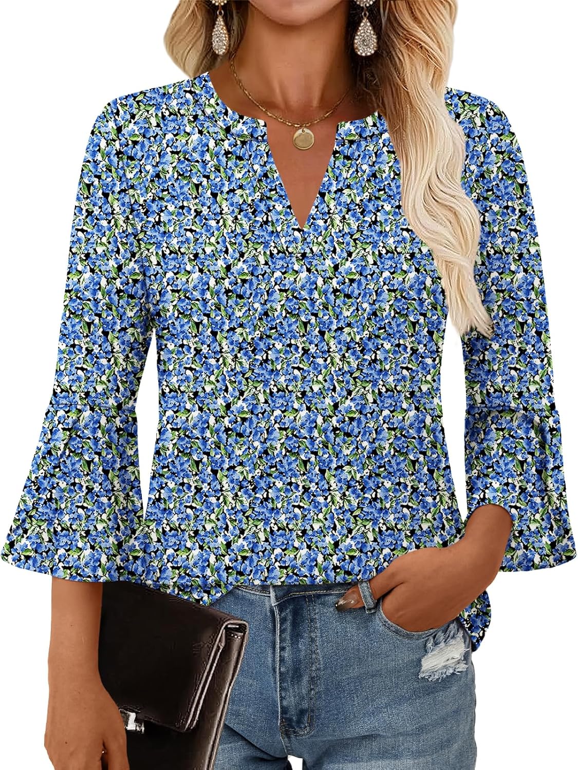 Women's Blouses Ruffle 3/4 Sleeve Dressy Top V Neck Casual Tunic Blouses Business Shirts S-XXL