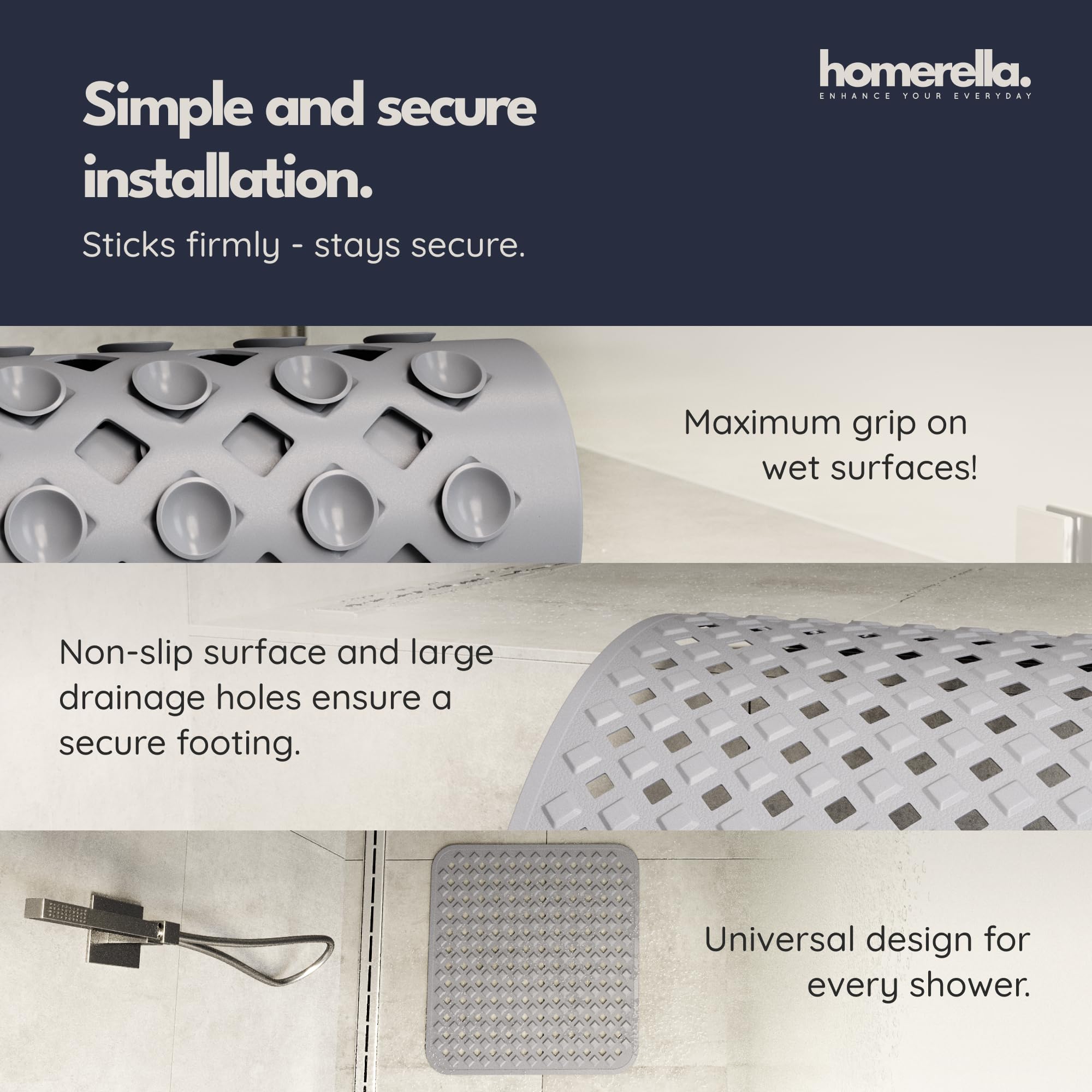 homerella® Shower Mat Non Slip Anti Mould 53 x 53 cm, INCL. Hooks for Drying Bath Mat Non Slip Anti Mould - Image 4