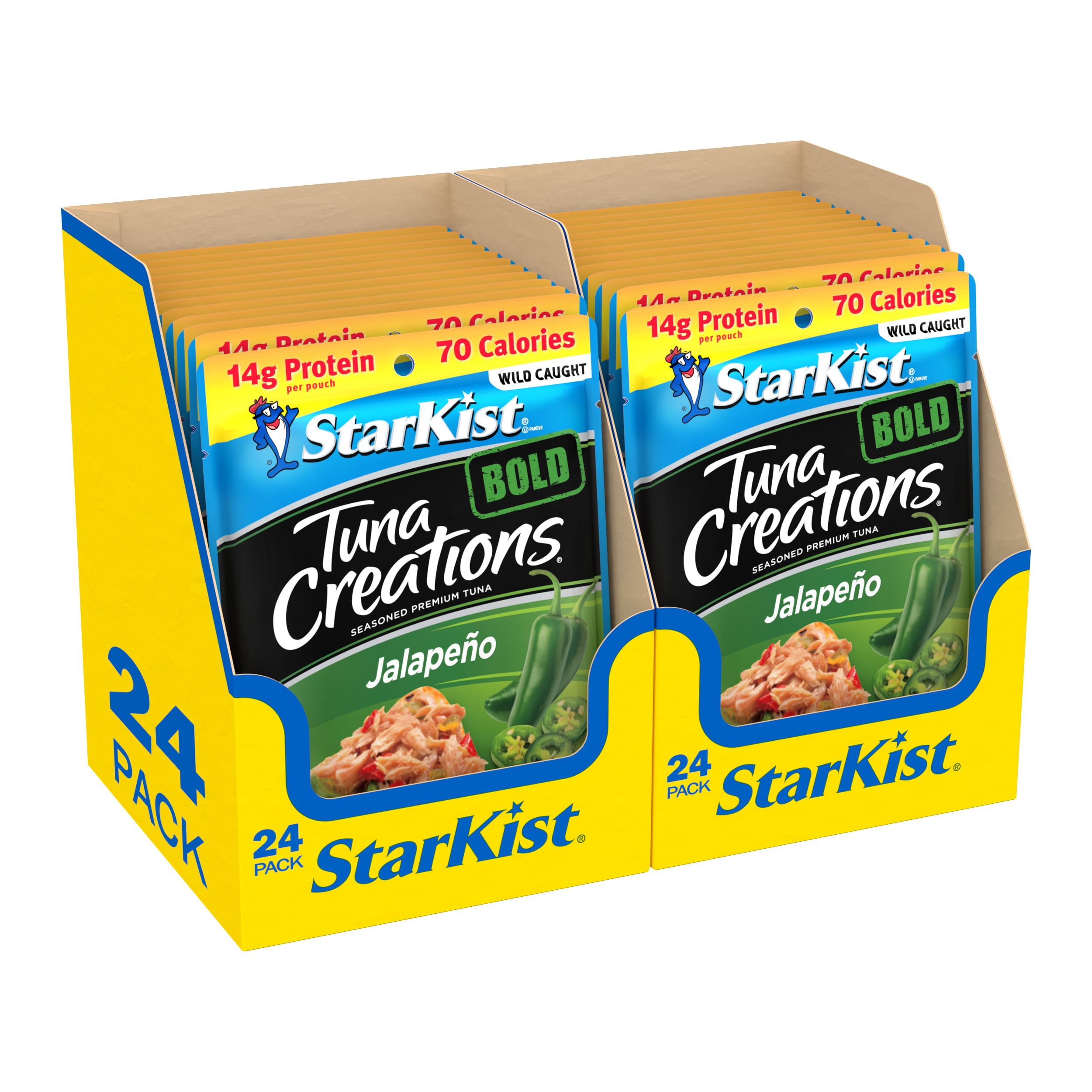 StarKist Tuna Creations BOLD Jalapeño, 2.6 oz Pouch (24 Pack) Ready to Eat Wild Caught Tuna, 14g Protein, 70 Calories Per Serving, Gluten Free, Soy Free, Kosher, Perfect for Salads, Meals and Snacks