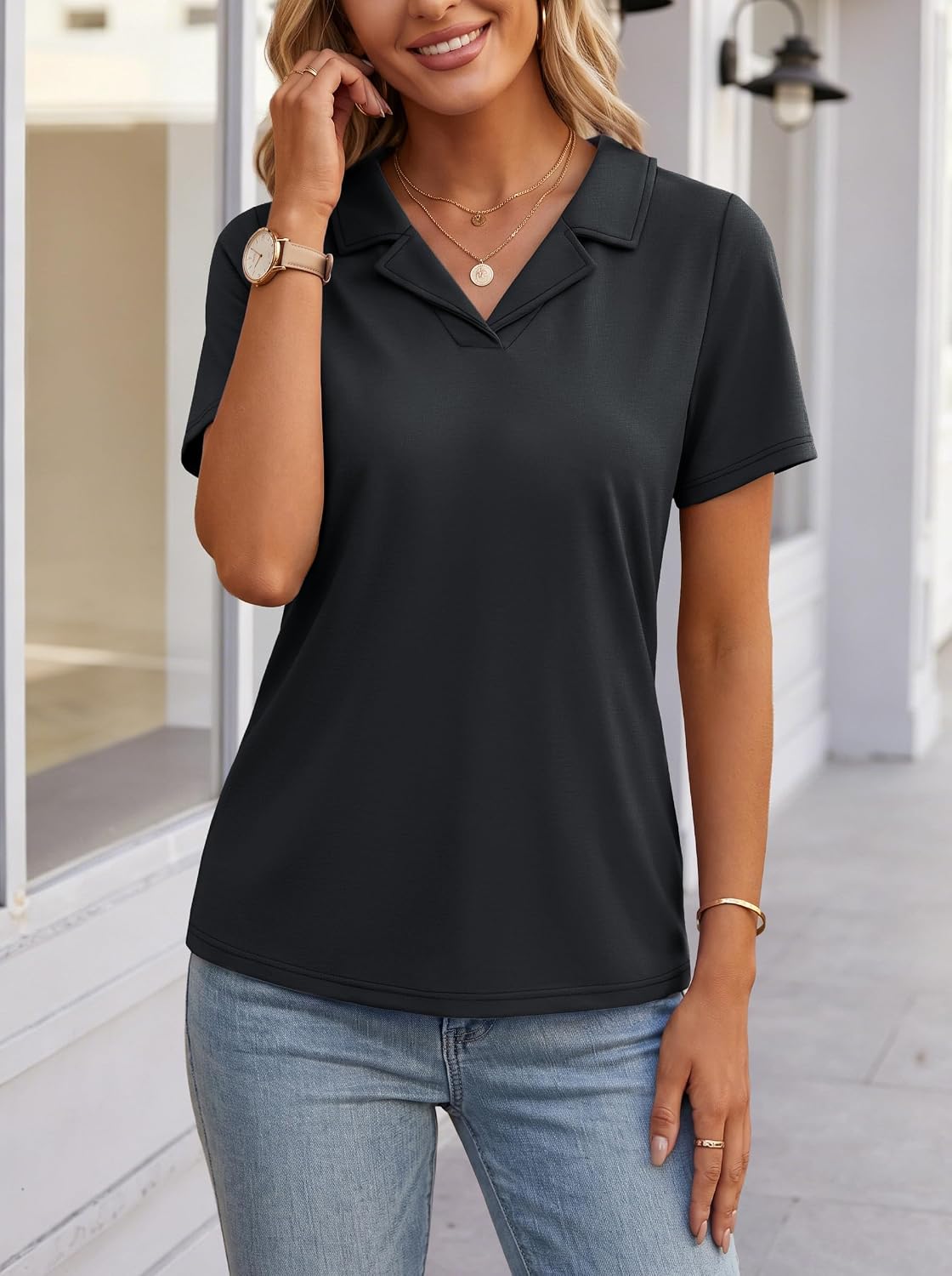 YUCOLEN Polo Shirts for Women Short Sleeve V Neck Cuban Collared Work Tops