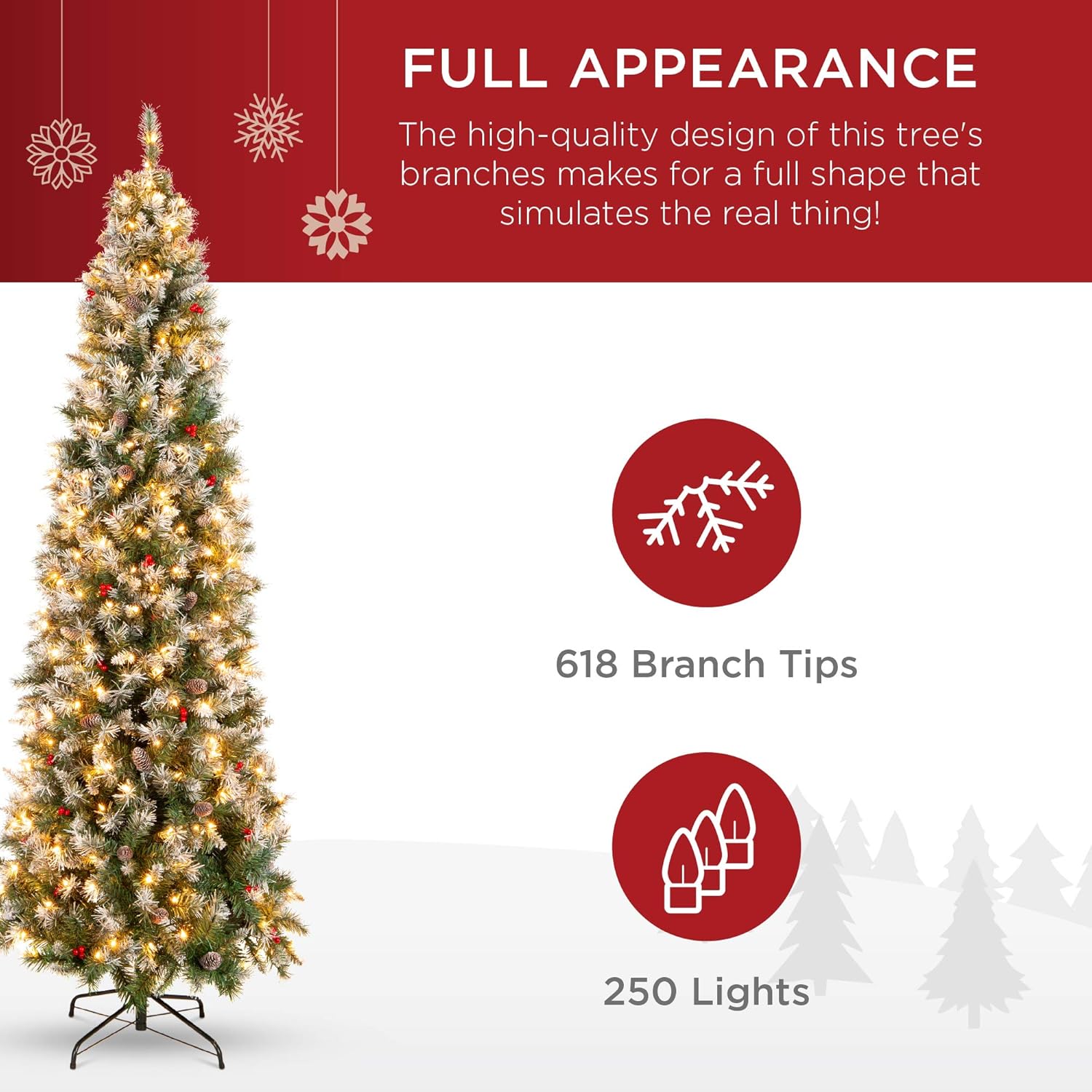 Best Choice Products 6ft Pre-Lit Pencil Christmas Tree, Partially Flocked Pre-Decorated for Home, Skinny Frosted Holiday Tree w/ 618 Tips, 250 Lights, Pine Cones, Metal Hinges & Base
