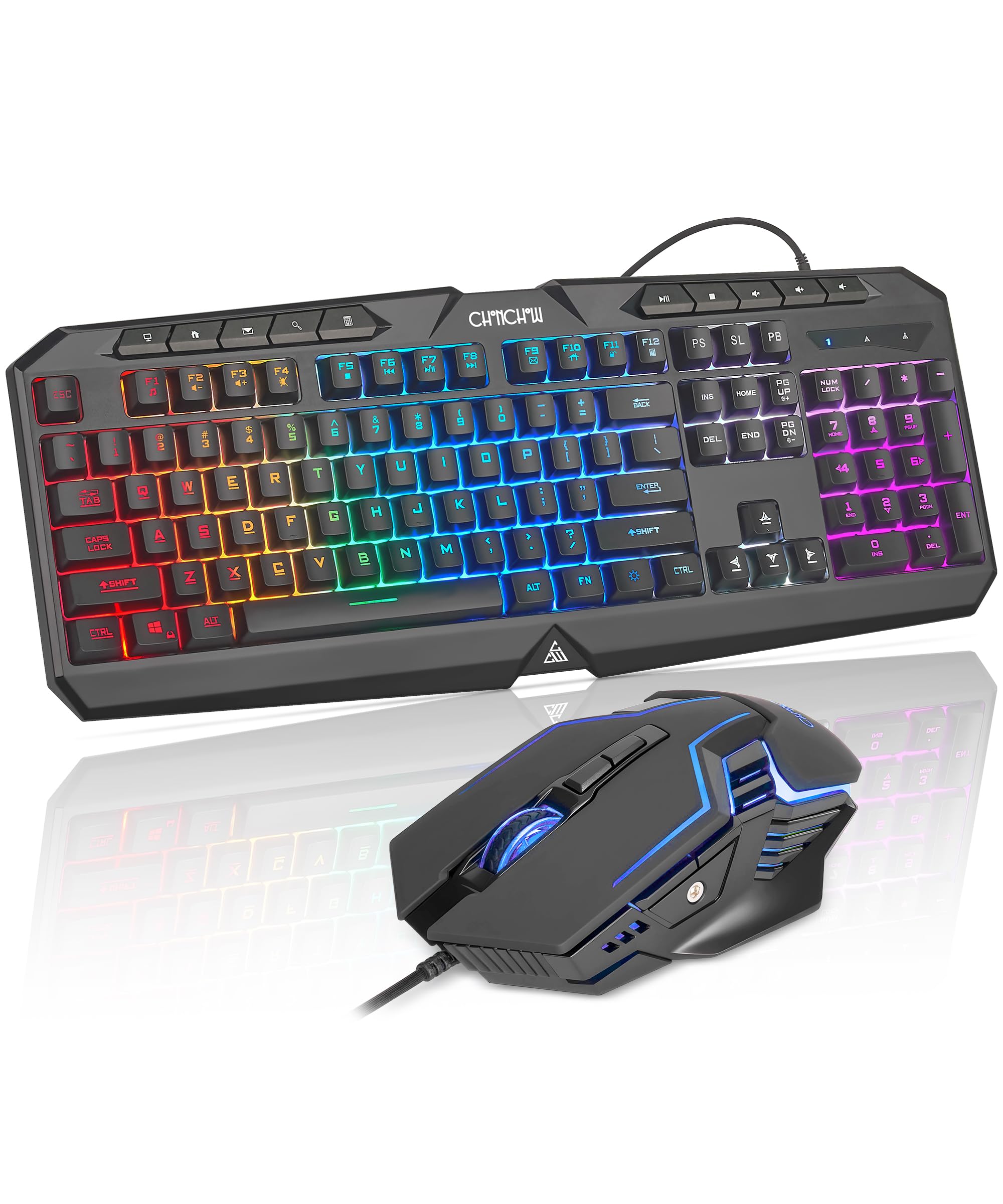 Tastiera da gioco cablata e mouse combinata con retroilluminazione a colori, 10 tasti dedicati, sensazione meccanica, silenziosa, anti-ghosting, tastiera del computer luminosa, mouse programmabili RGB