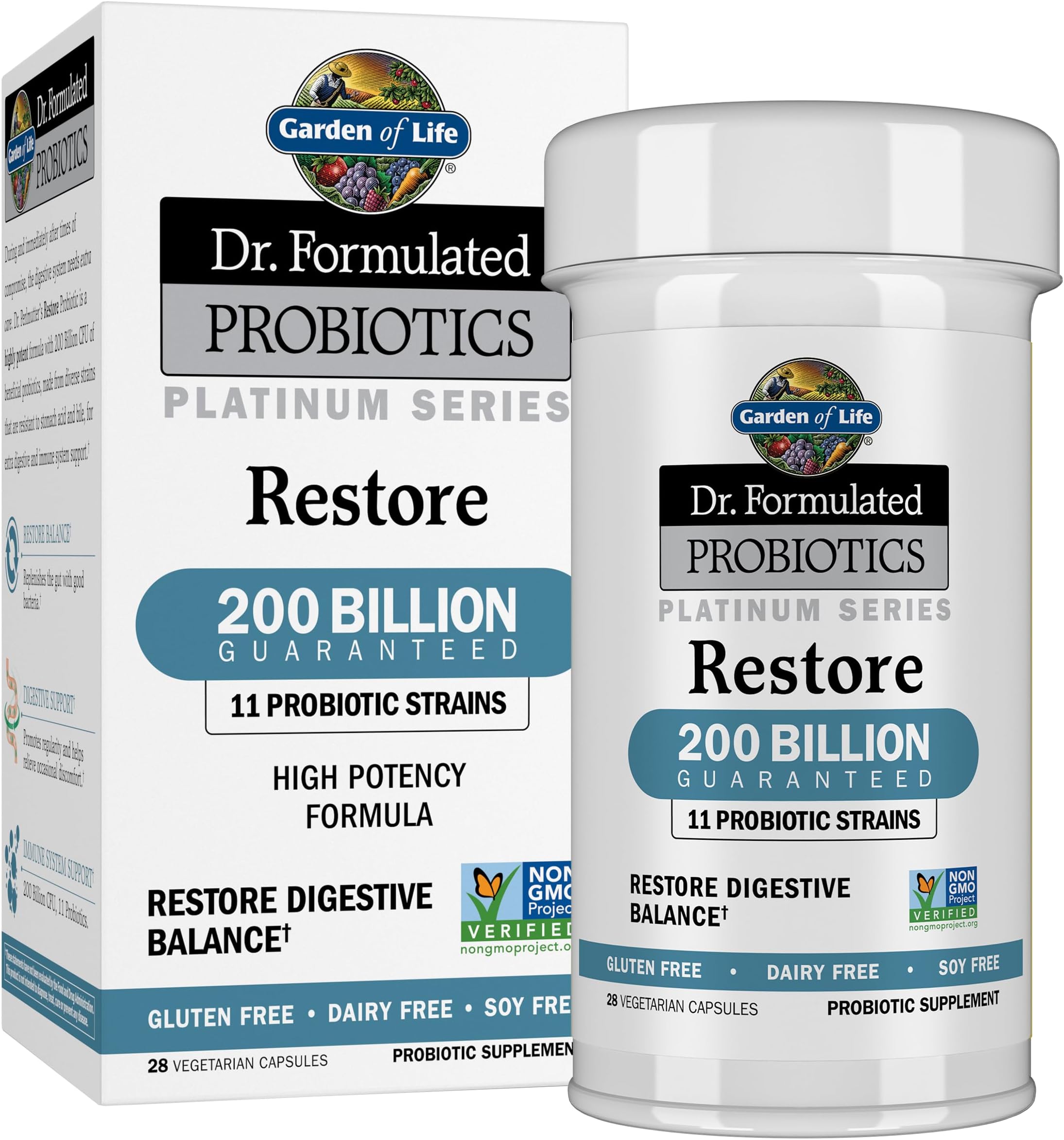 Dr. Formulated Probiotics Platinum Series Restore 200 Billion CFU Guaranteed, High Potency Probiotic Formula, Vegan, Non-GMO, Gluten Dairy Free Digestive Immune Support, 28 Capsules