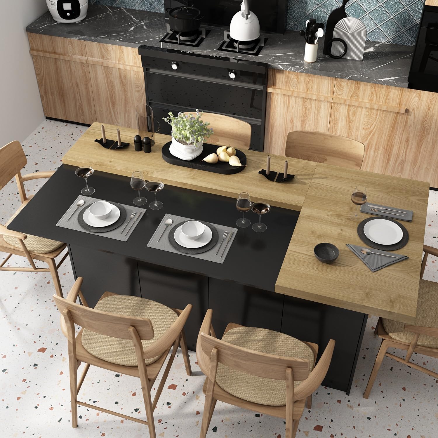 ECACAD 77.3" W Kitchen Island with Shelves & 6 Doors, Large L-Shape Wood Top Buffet Cabinet, Dining Table with Storage for 4-6 People, Black & Brown