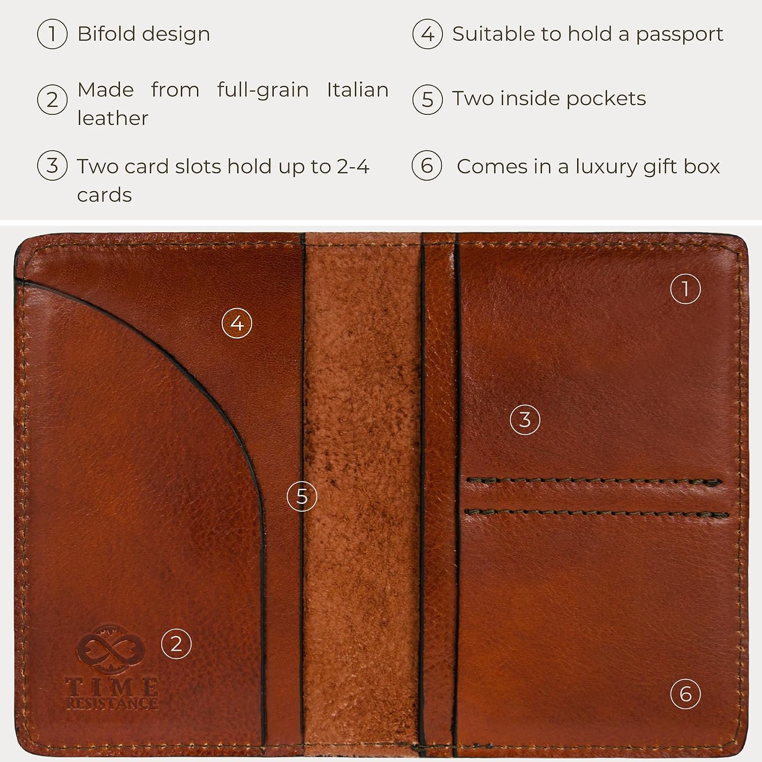 Time Resistance Leather Passport Holder – Full-Grain Leather Travel Wallet - Passport Cover with Card Slots (Cognac Brown)