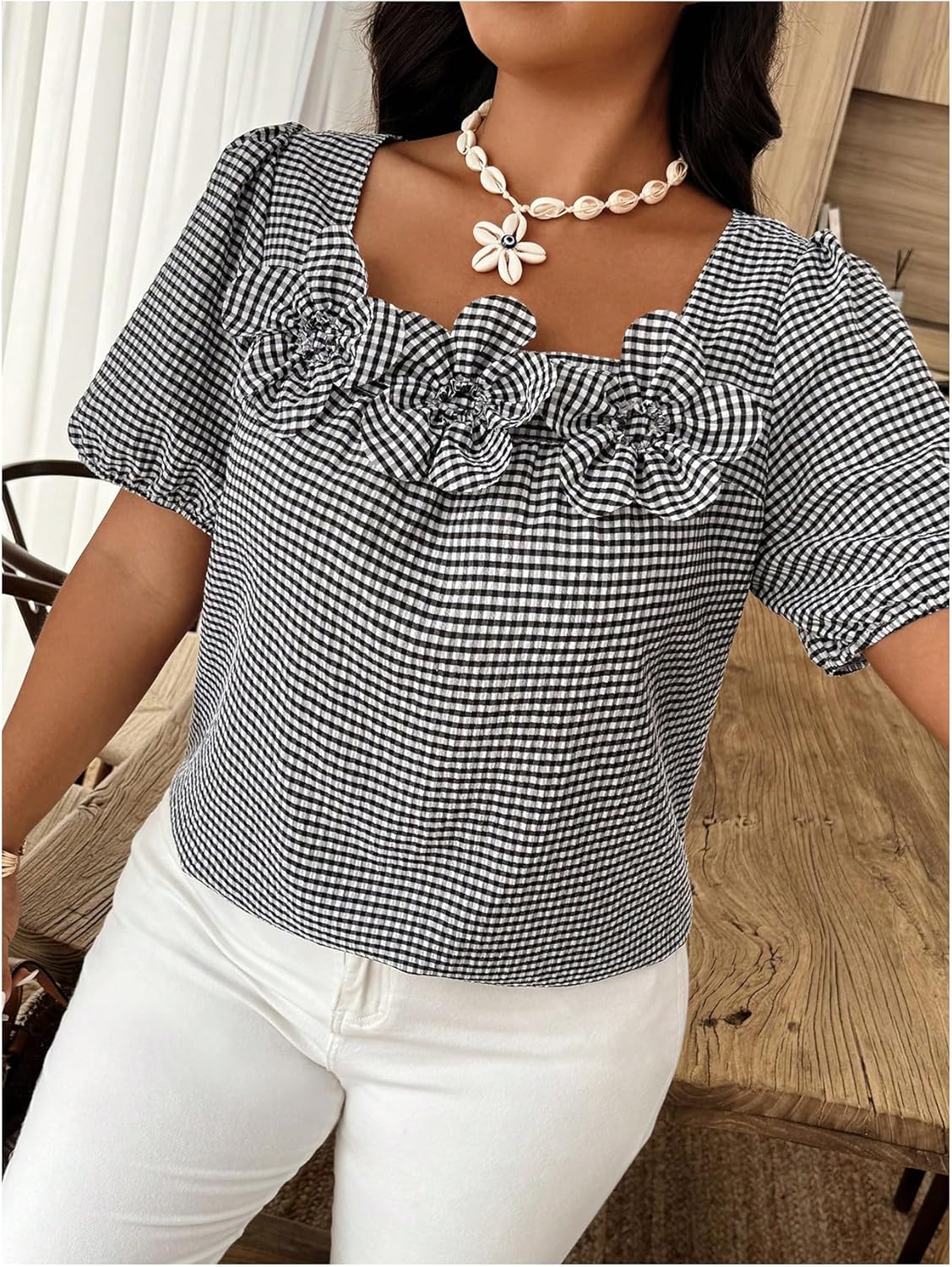 OYOANGLE Women's Plus Size 3D Floral Puff Short Sleeve Plaid Blouse Square Neck Summer Dressy Tops - Image 4
