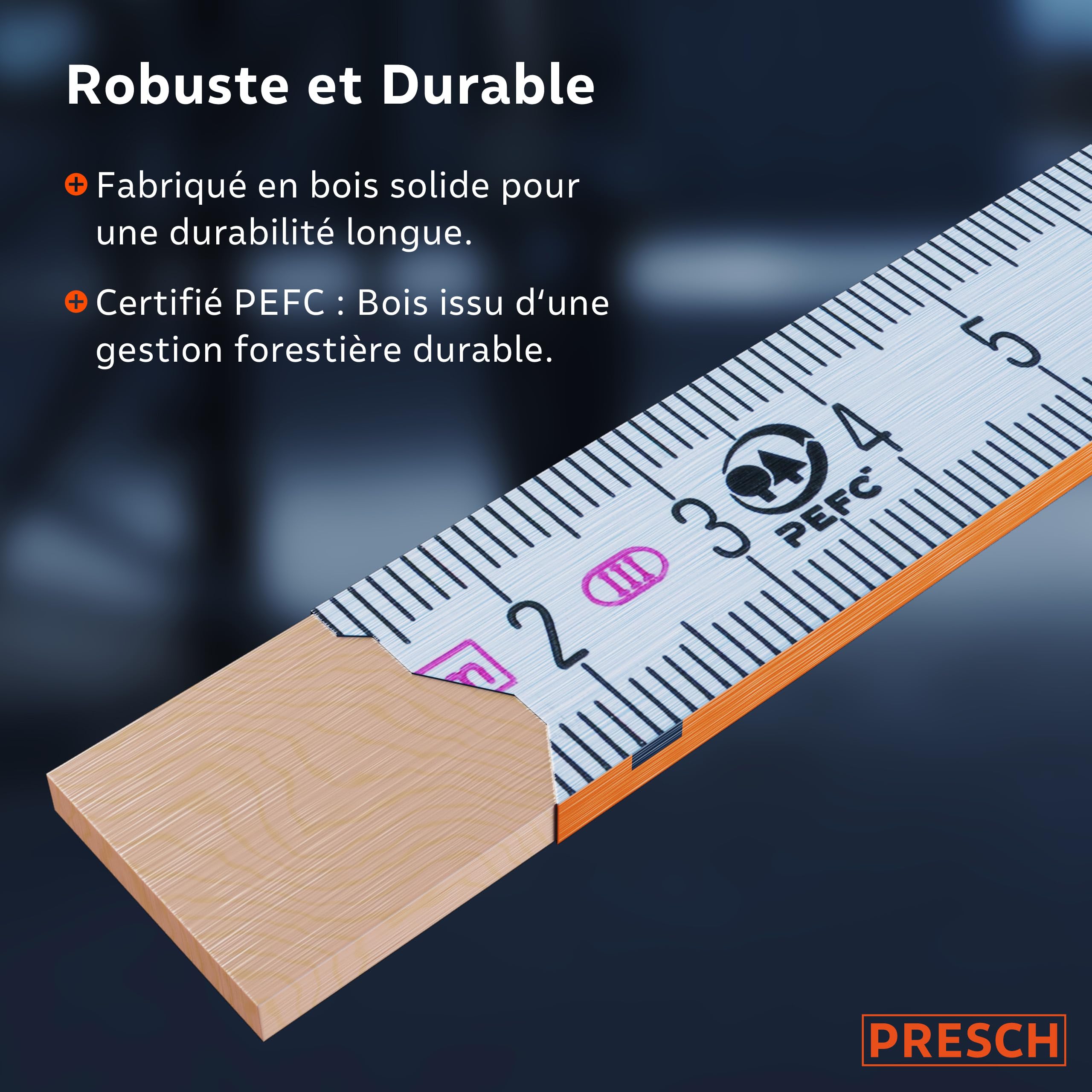 PRESCH Set de Mètres pliants 2m avec échelle d'angle | 6 pièces | Bois | Orange/Bleu | Pliable | Nombres grands et très lisibles | Encliquetage précis | Mètre en bois, Mètre rigide, Mètre à branche