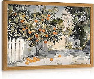 LLEEMPI Orange Tree Wall Art, Country Botanical Wall Decor, Vintage Fruit Canvas Painting, Rustic Farmhouse Poster Print for Kitchen Bathroom Bedroom Living Room Office Wood Framed 8x10 Inch