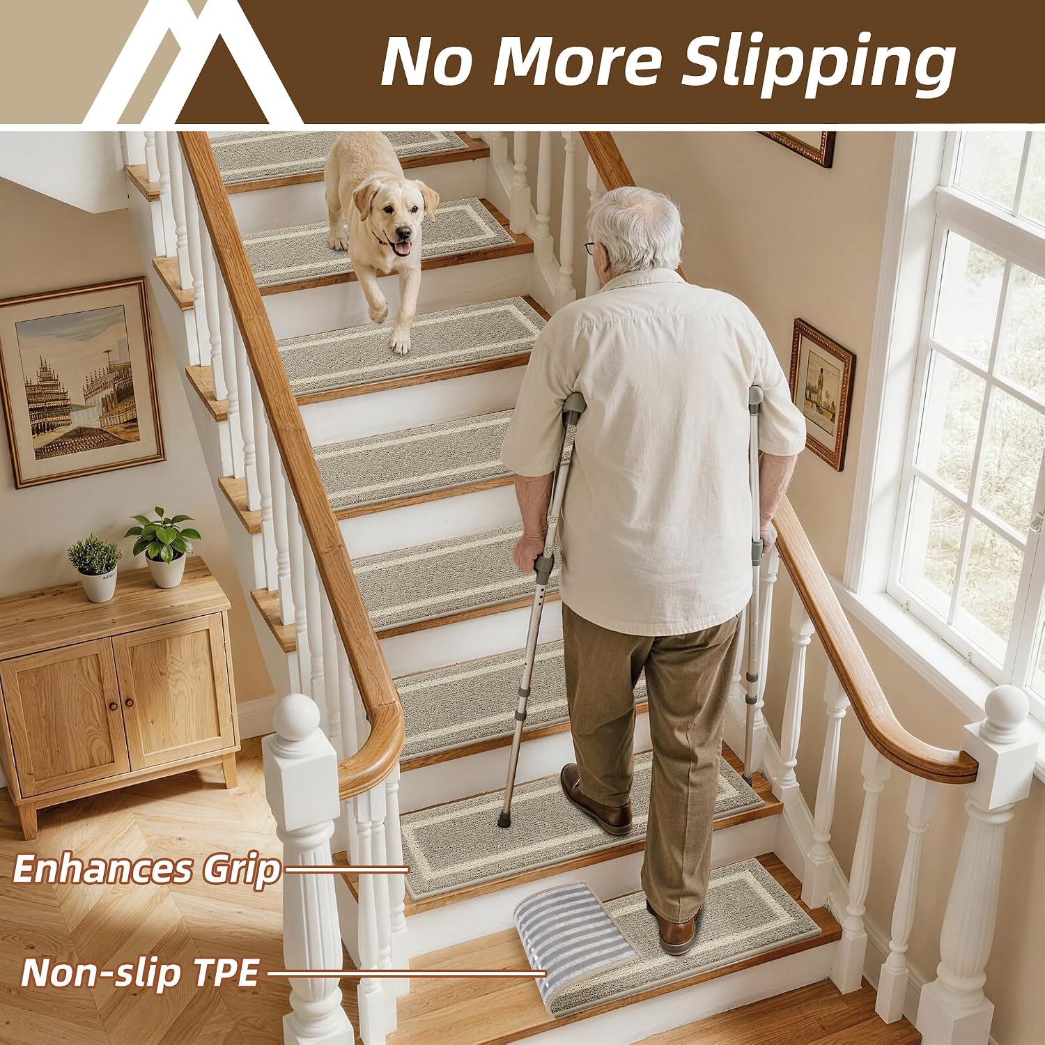 Condition photo showing As Is for cosy homeer soft stair treads 15pcs non-slip carpet mat 28inx9in indoor stair runners for wooden steps,stair rugs for kids and dogs, 100% polyester tpe backing beige beige 28" x 9" (15-pack)