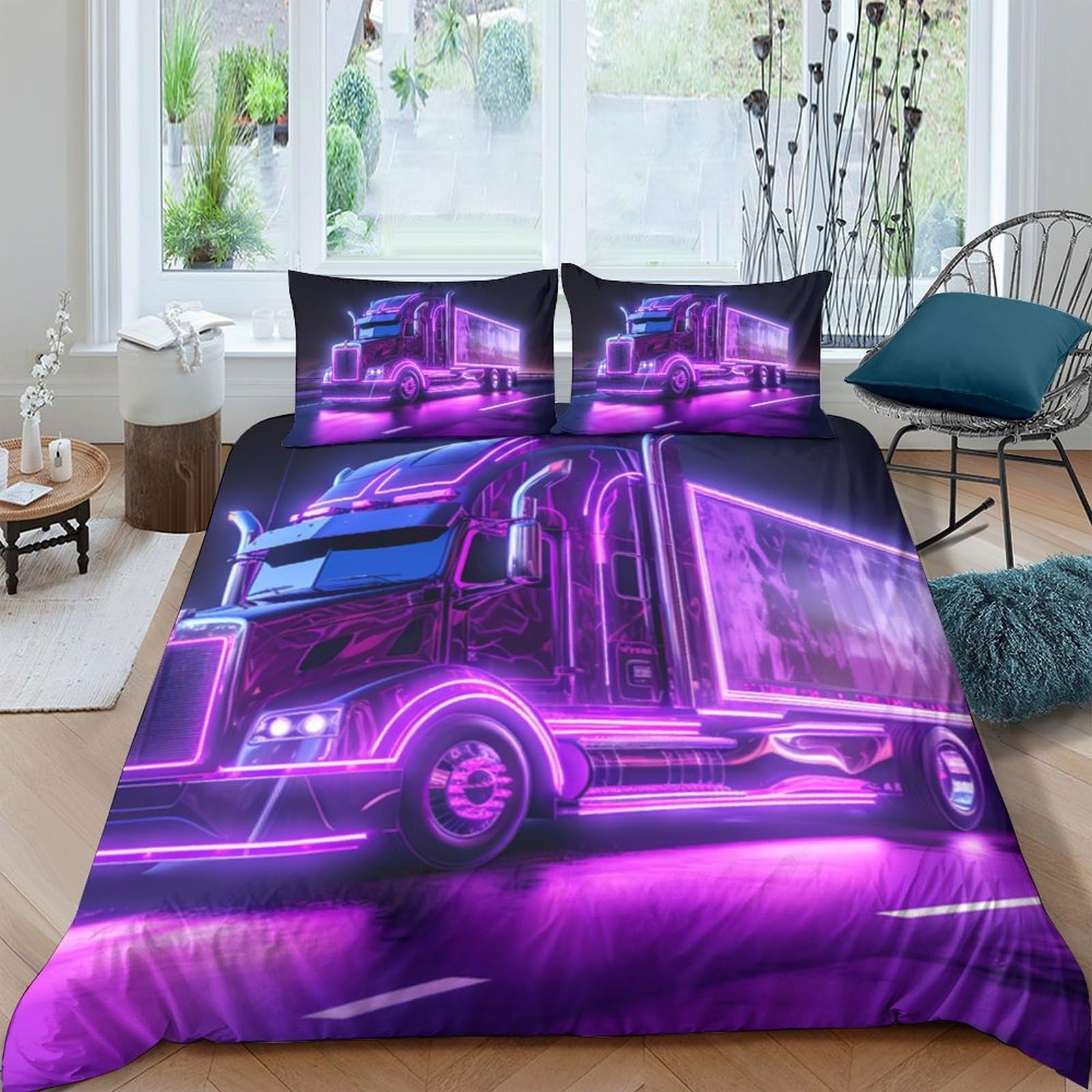 GPLZQXKJNH 3D Printed Neon Truck Duvet Cover Microfiber Soft Purple Bedding Set with 2 Pillowcases for Bedroom Decor Single（135x200cm）