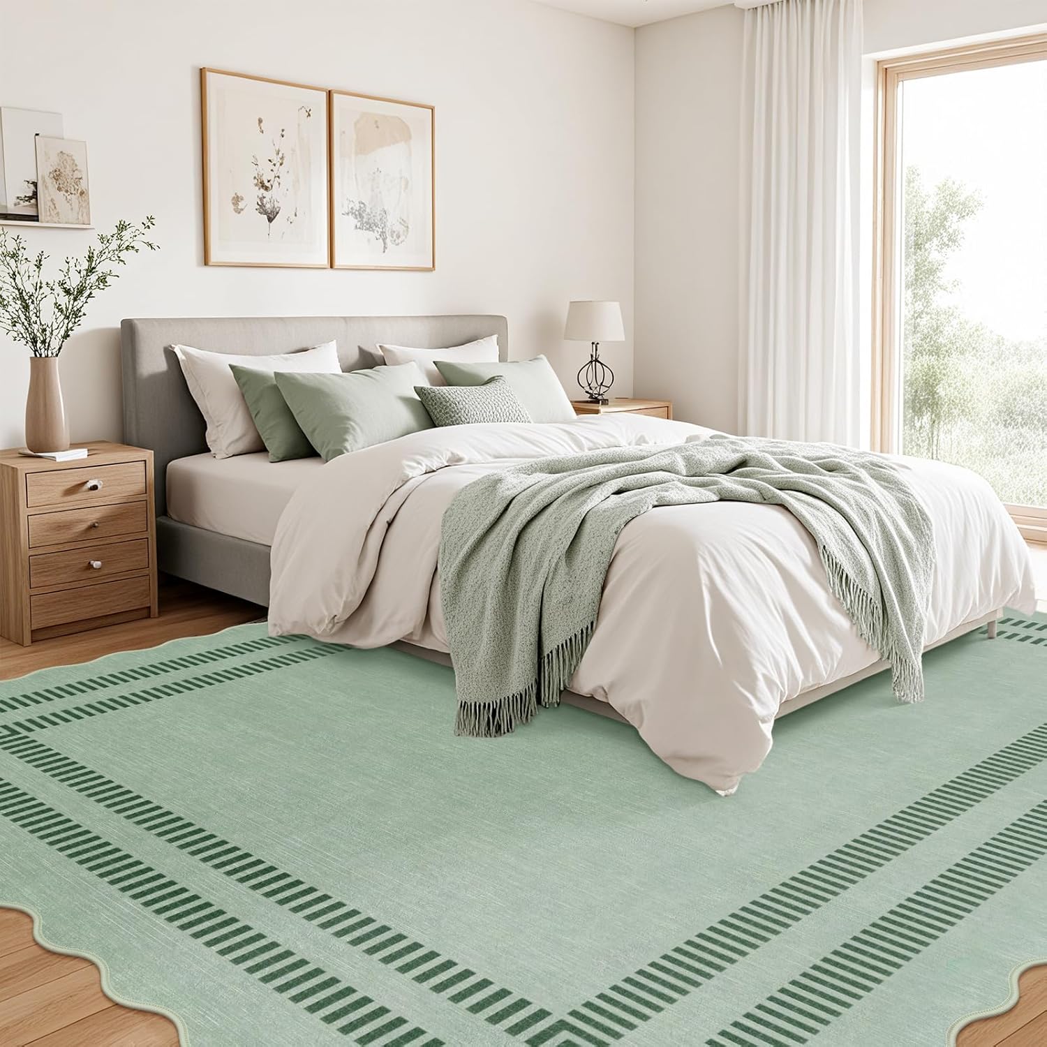 Washable 8x10 Rugs for Living Room Bedroom, Non-Slip Sage Green Indoor Carpet for Dining Room Office, Ultra Thin Scalloped Soft Carpets for Kids Nursery Playroom