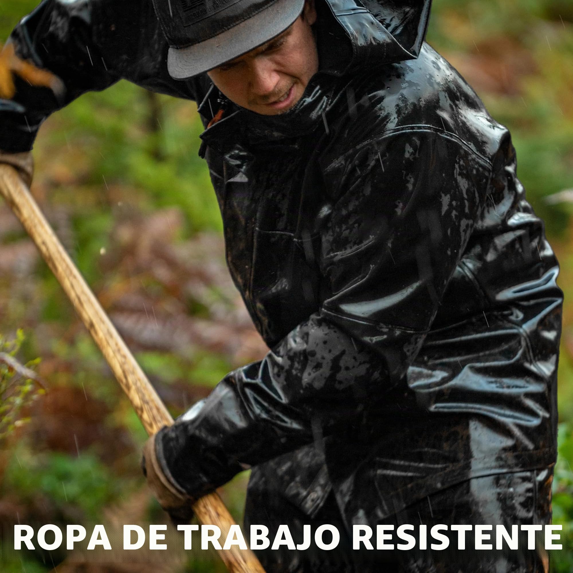 Traje de lluvia hombre PU impermeable bicolor 2 piezas | Chaqueta y pantalón, diseño funcional, material ecológico, acabado resistente para trabajo y uso exterior