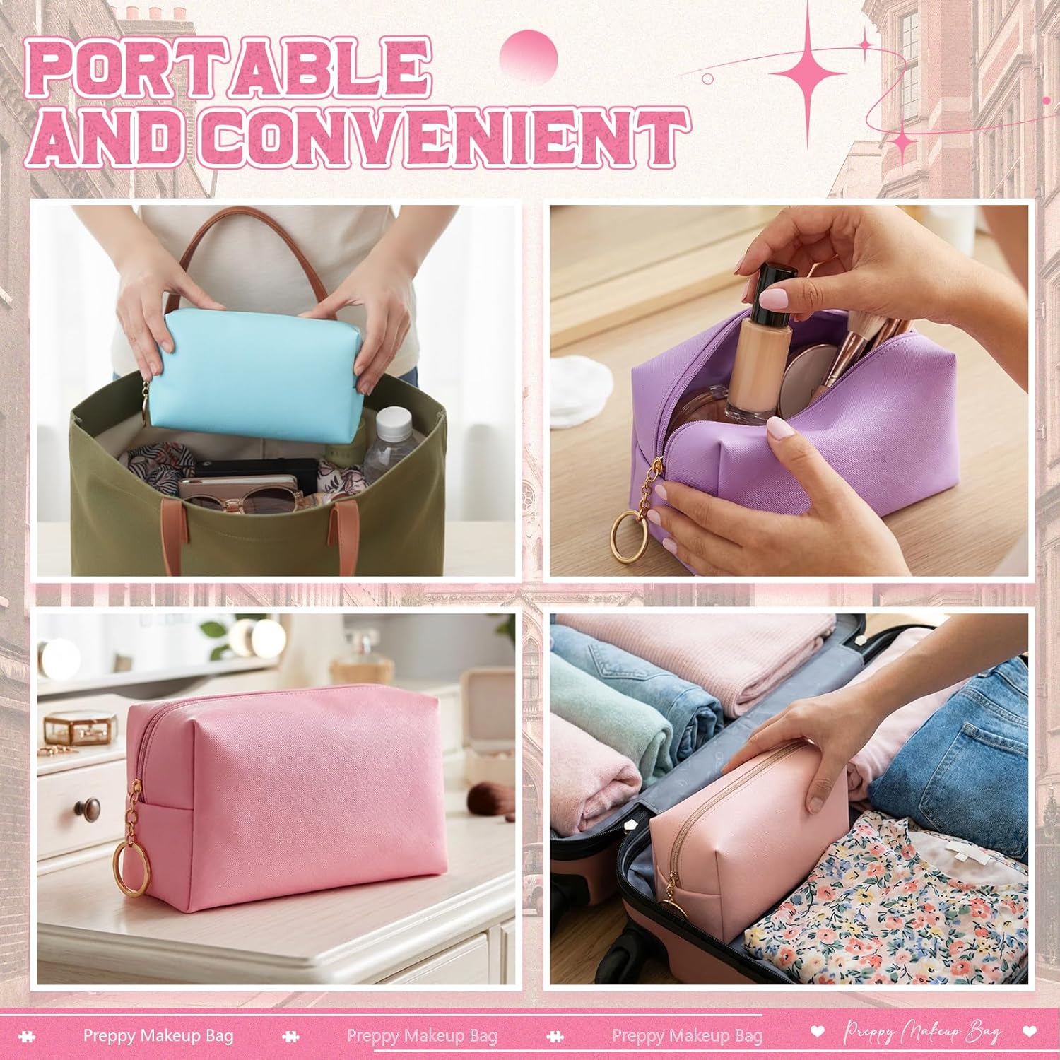 Chunful 24 Pcs Preppy Makeup Bag PU Leather Cosmetic Bag Bulk Makeup Plain Pouch Waterproof Toiletry Purse for Women Traveling Preppy Pencil Case Valentine's Day Gifts(Pastel Color)