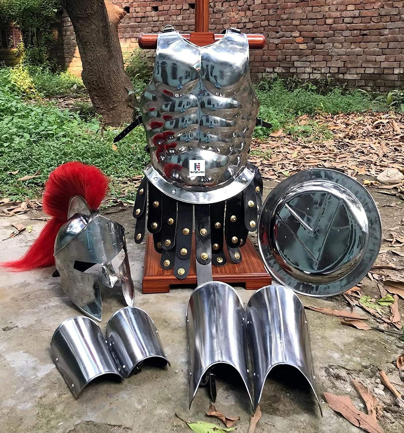 Medieval Roman King Leonidas 300 Spartan Helmet W/Red Plume + Muscle Body Armor Cuirass + Shield + Leg Or Arm Guard Silver Halloween Costume LARP Custom Size
