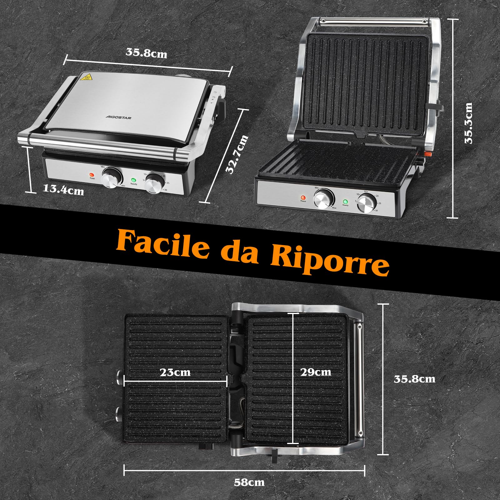 Aigostar Bistecchiera elettrica, Griglia Barbecue XXL, 2000W. Rivestimento antiaderente in ceramica, Timer di 30min, apertura a 180°, superficie di cottura 29 x 23 cm, temperatura regolabile. Roast
