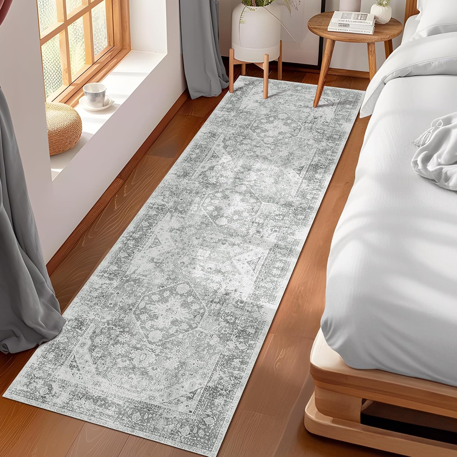MUJOO 2x8 Runner Rug,Washable Runner Rugs for Hallway Kitchen Entryway Bedside Bathroom,Boho Area Rug Carpet Runner Long Non Slip Throw Rug Modern Soft Grey Floral