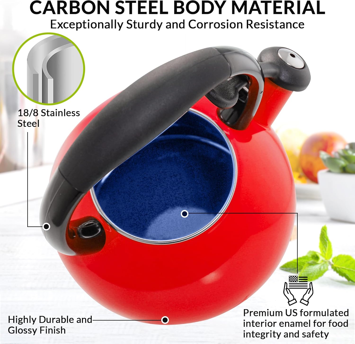 Chantal 1.8 QT Kettle, Buttons Series, Premium Enamel on Carbon Steel, Whistling, Even Heating & Quick Boil (Red)