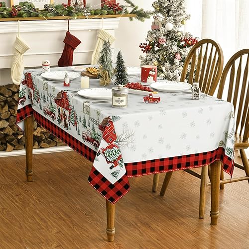Miniatura 4 de Horaldaily Mantel de Navidad de 60 x 120 pulgadas, lavable con diseño de casa de perros, camión, nieve, para fiestas, pícnic, decoración de cenas