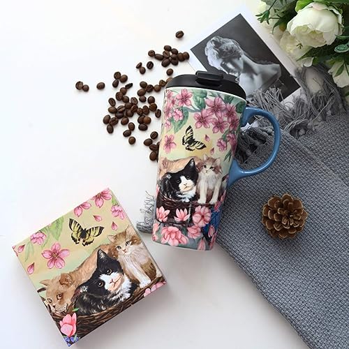 Miniatura 3 de TZSSP Taza de viaje de cerámica de café, taza de té con leche de porcelana con tapa, 17 onzas, tazas de café novedosas para oficina y hogar, flores