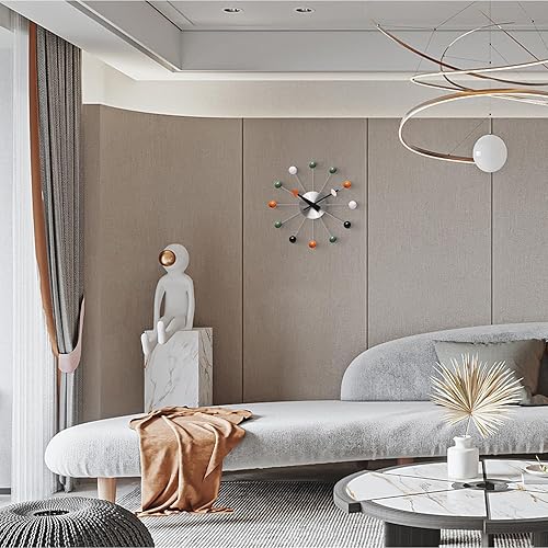 Miniatura 9 de Reloj de pared moderno de mediados de siglo con bola multicolor, silencioso, sin tictac, funciona con pilas, relojes de 13 pulgadas para sala de