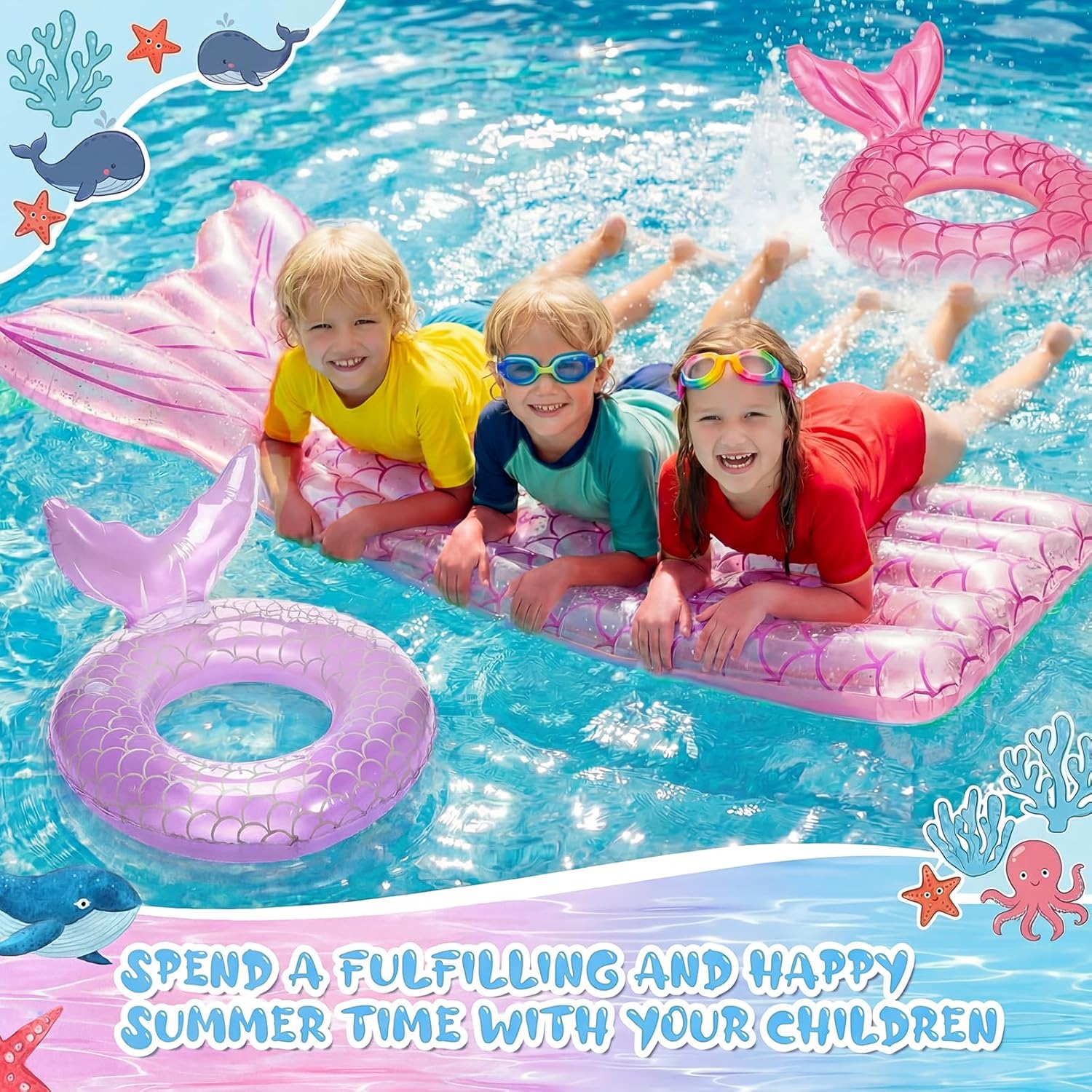 5 Pack Pool Floats Include 4 Pcs Mermaid Inflatable Pool Float Tube 1 Pcs Floatie Raft Mermaid Tail Swim Ring for Beach Water Toys