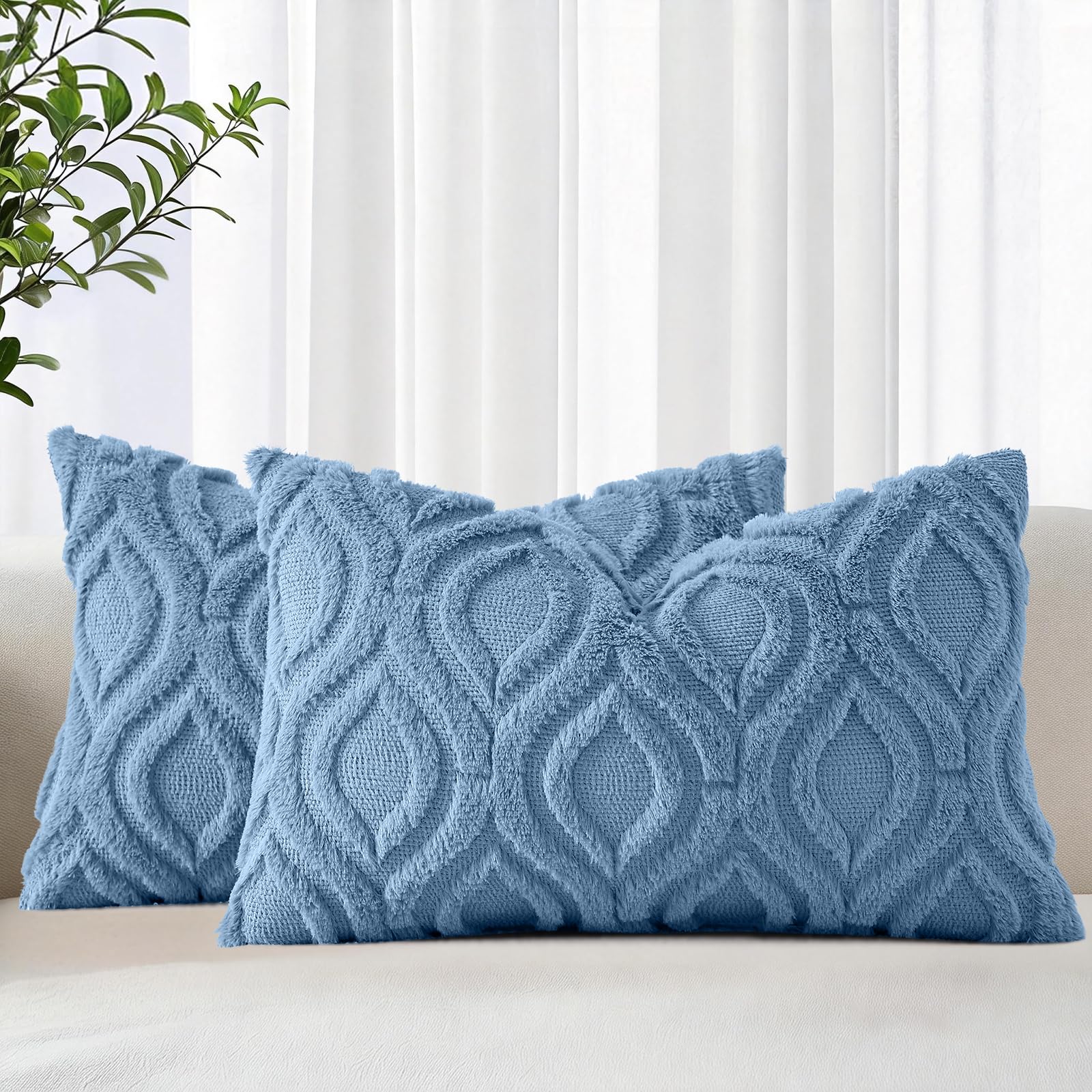 decorUhome Faux Fur Plush Soft Blue Throw Pillow Covers 12x20 Set of 2