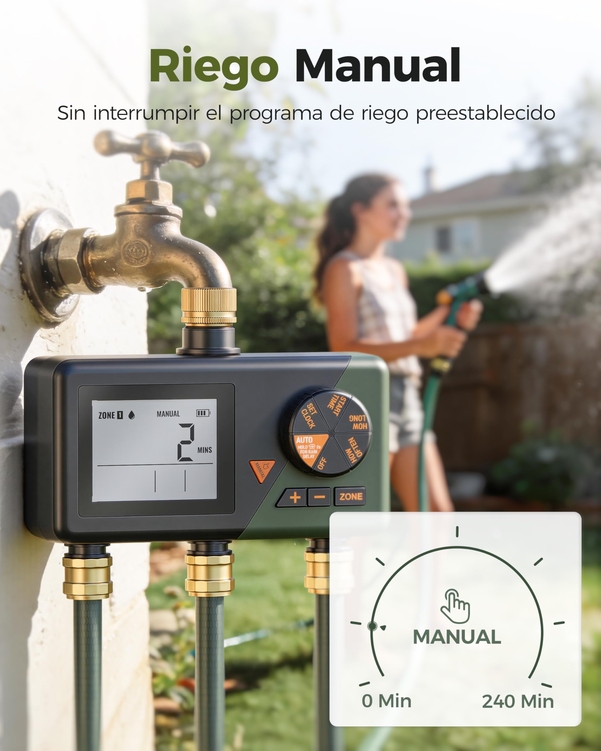 Diivoo Latón Temporizador Riego Automático 3 Salidas para Jardín y Césped | Gran Pantalla LCD, Retraso por Lluvia, Riego Manual/ Automatico