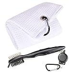 Mile High Life Golf Towels - Microfiber Waffle Pattern Tri-fold, Brush Tool Kit with Club Groove Cleaner with Retractable Cord and Clip, for Men Women, Golf Gift (White Towel+Black Brush)