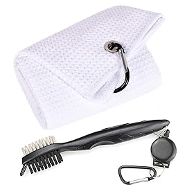 Mile High Life Golf Towels - Microfiber Waffle Pattern Tri-fold, Brush Tool Kit with Club Groove Cleaner with Retractable Cord and Clip, for Men Women, Golf Gift (White Towel+Black Brush)
