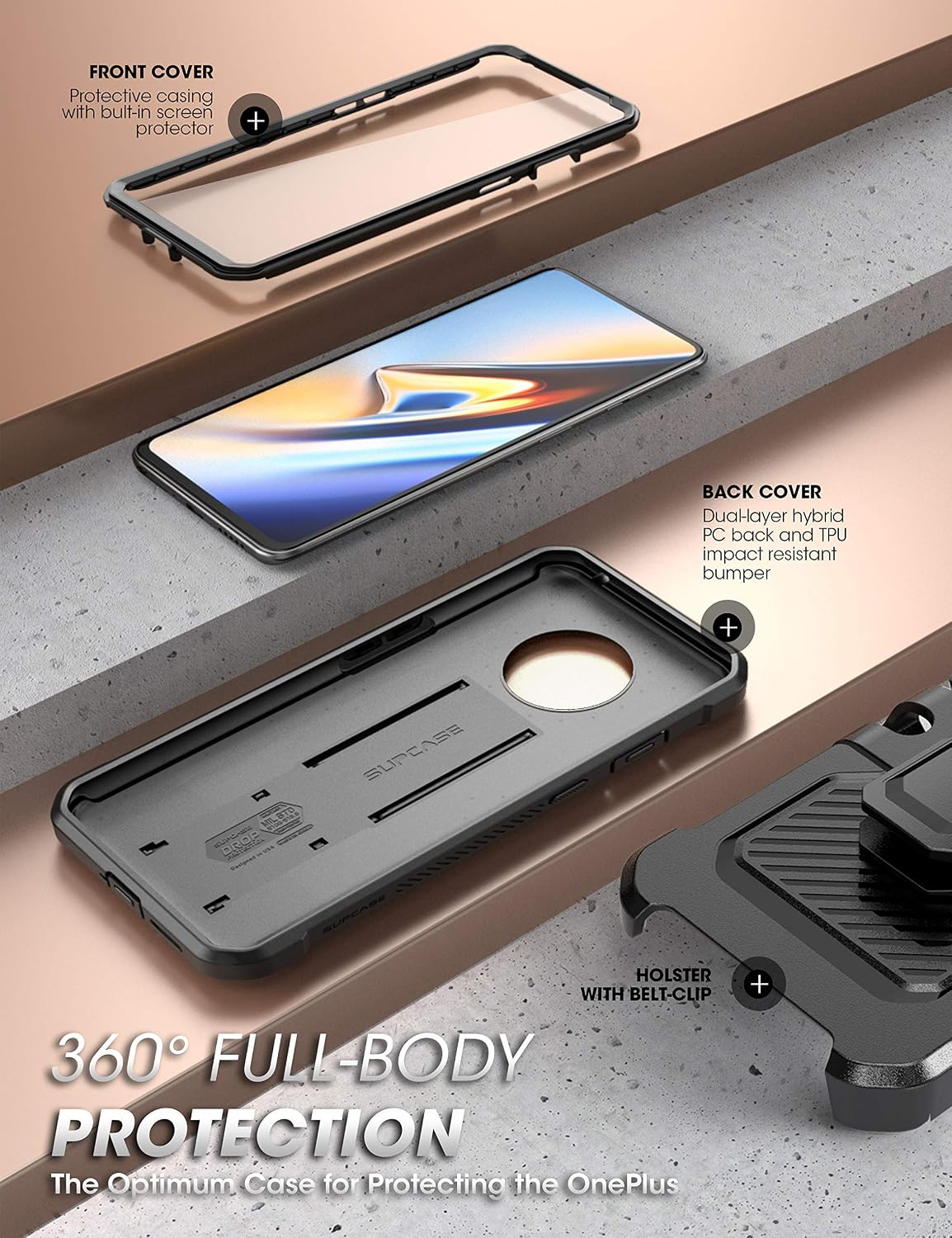 SUPCASE [Unicorn Beetle Pro Series Case Designed for OnePlus 7T, Built-in Screen Protector Full-Body Rugged Holster Case for One Plus 7T (Black)
