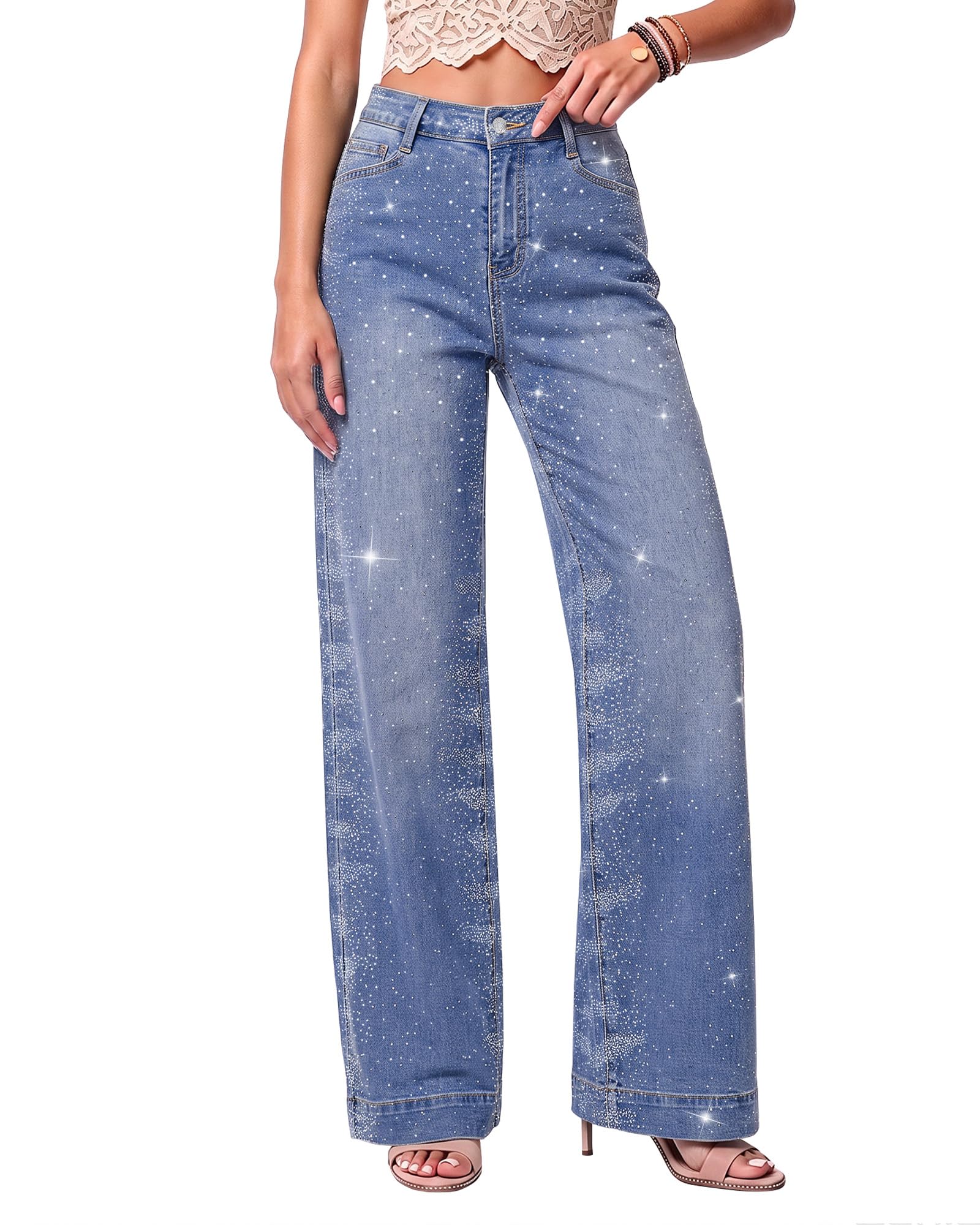 luvamia Women's Wide Leg Jeans, Rhinestone