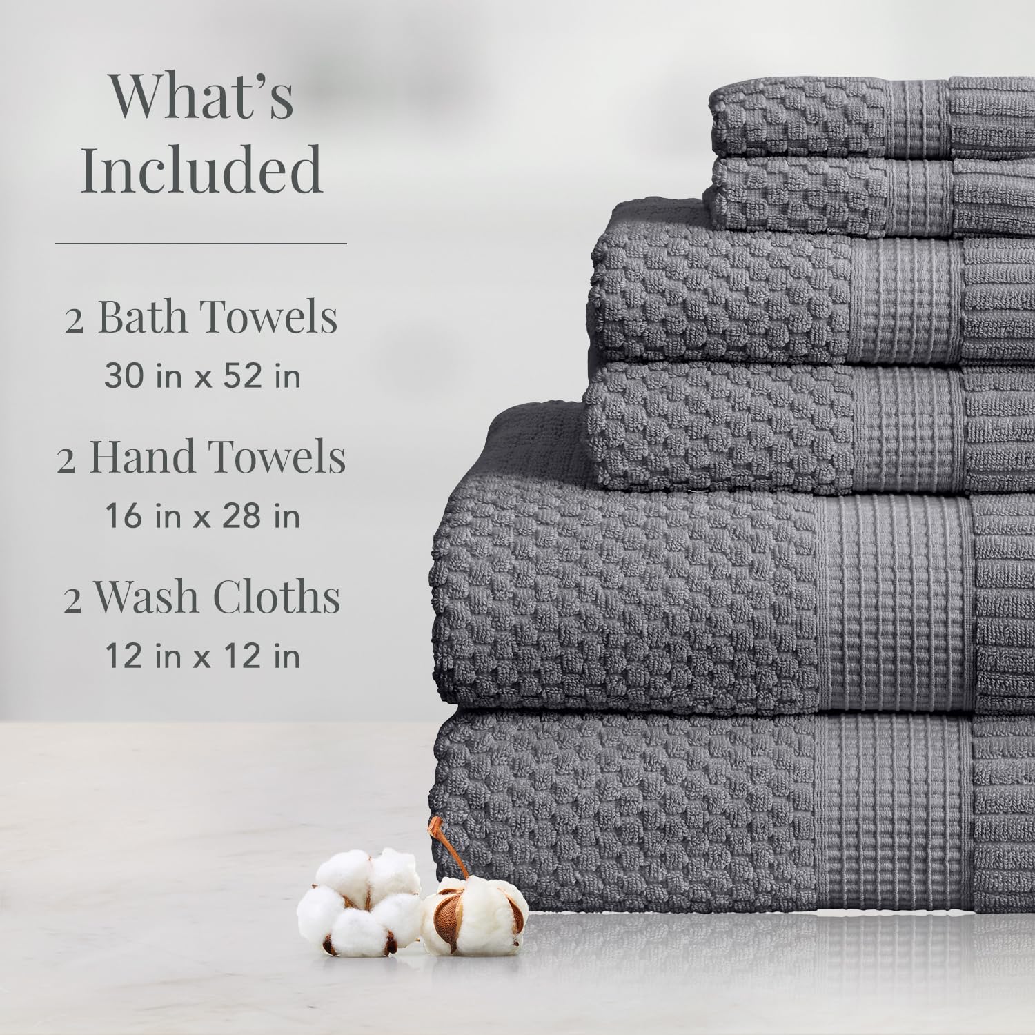 NY Loft Handtuch-Set aus 100 % Baumwolle, 6-teilig, super weich und saugfähig, schnell trocknend, 2 Badetücher, 2 Handtücher und 2 Waschlappen, strukturierte und strapazierfähige Baumwolle,