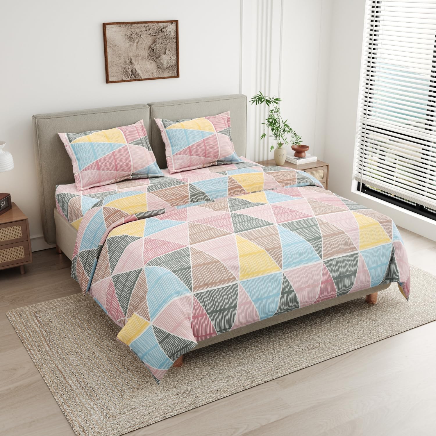 Haus & kinder Double Bedsheet for Queen Size Bed | 90 x 100 Inches 144 TC Cotton Bedsheet for Double Bed with 2 Pillow Covers - Pyramid Repeat Triangle