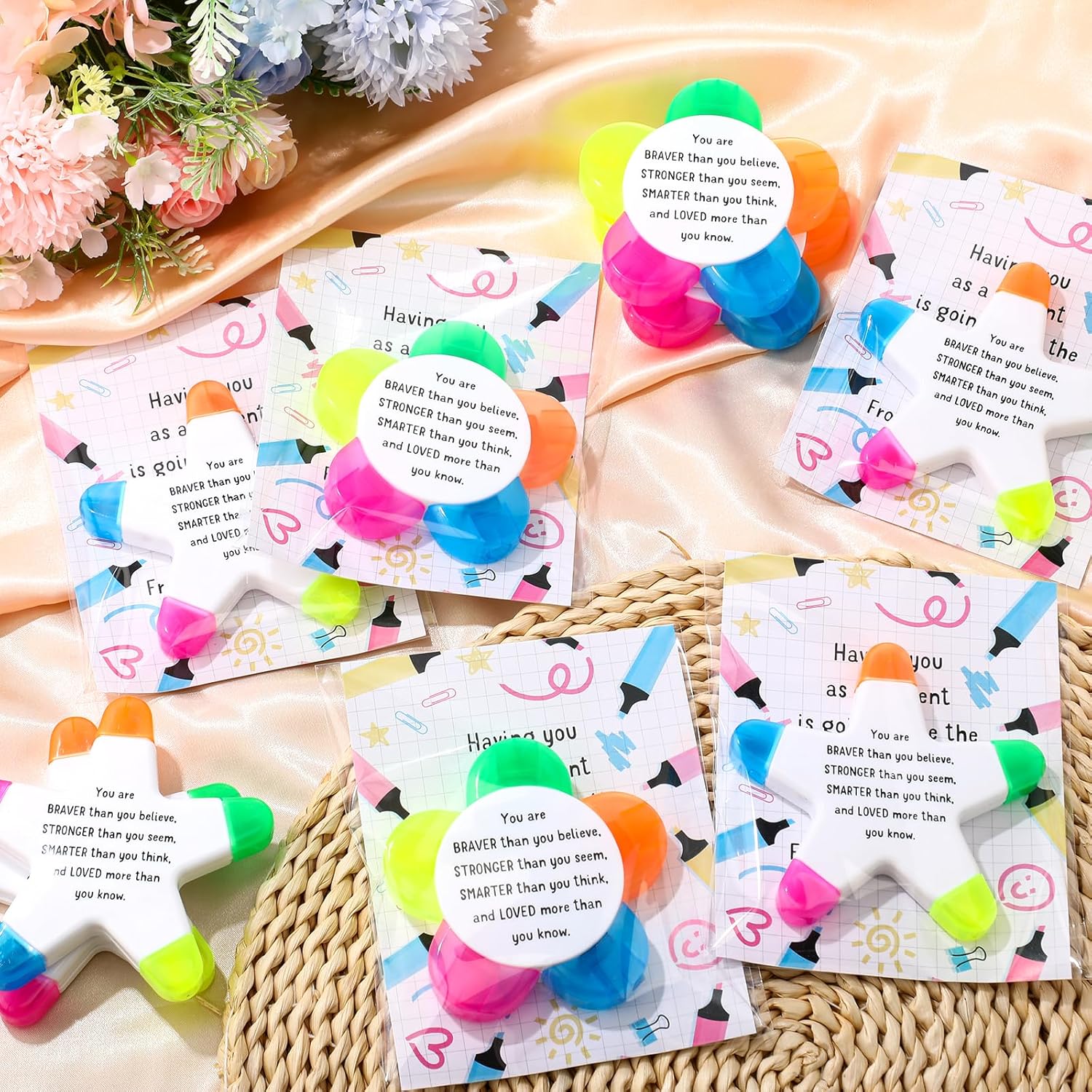 AmazingSpark 24 Star and Petals Highlighters with Motivational Cards Bags 5 in 1 Fluorescent Pens Affirmation Awards for Party Favor