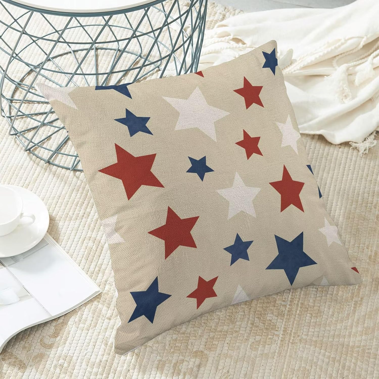 4th of July Pillow Covers 18x18 Inch Set of 2, Patriotic Khaki Outdoor Decorative Independence Day Throw Pillows Memorial Day Stars Couch Cushion Case for Chair Sofa Bedroom Living Room image 4