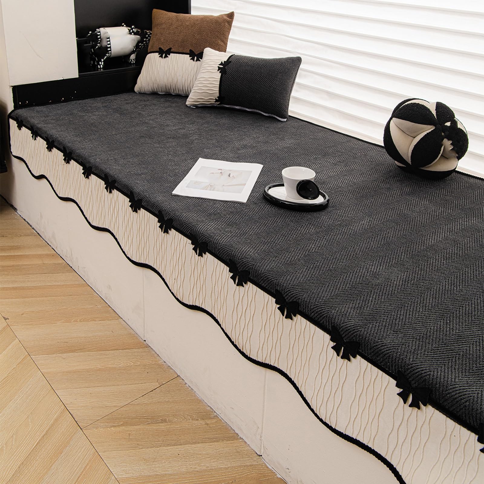 GBPLDMAQ Washable Bay Window Cushion, Chenille Window Seat Cushion, Nonslip Silicone Bottom, Foldable for Living Bedroom Mudroom(Black,70x120cm/28x47in)