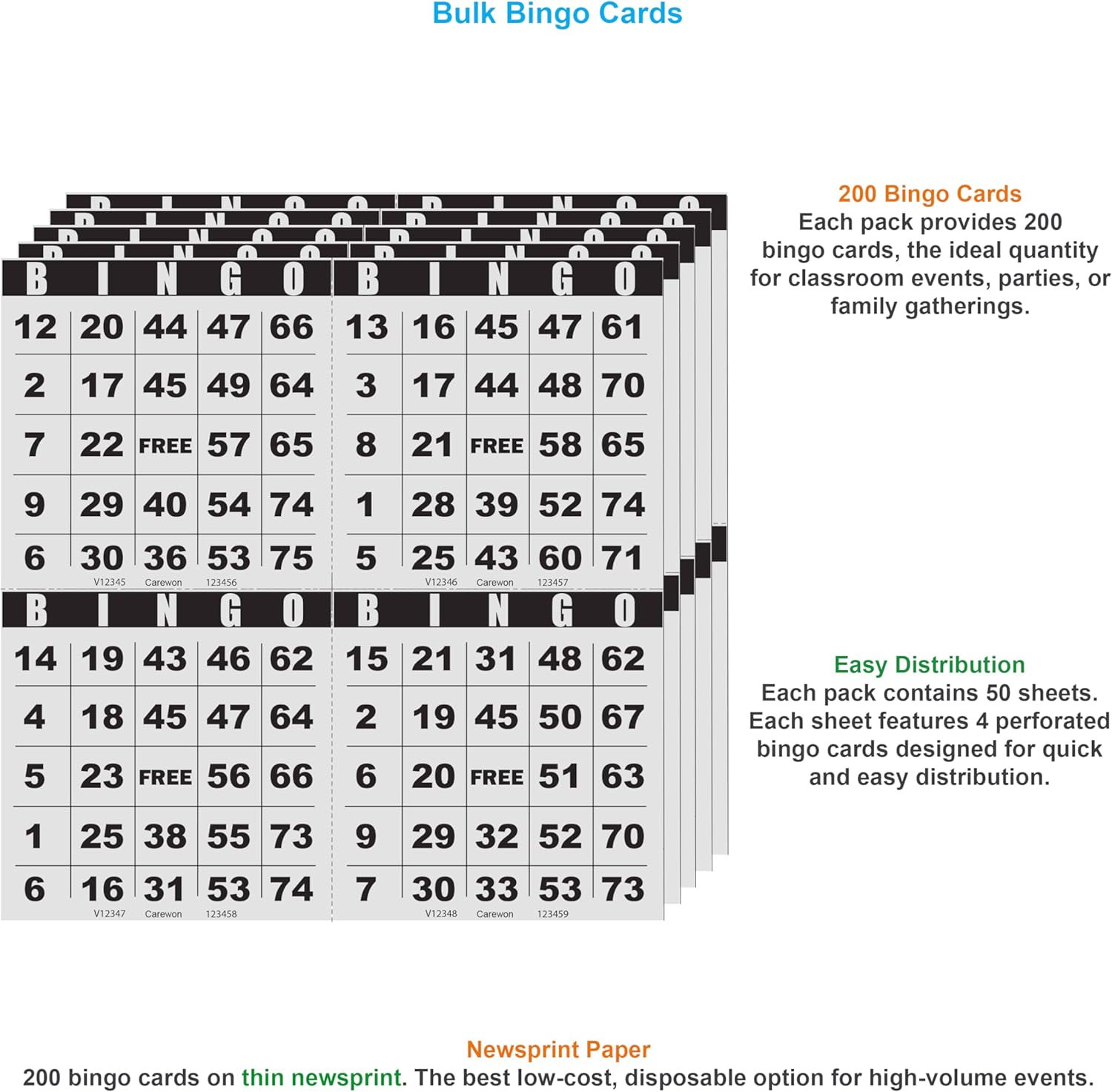 200 Bingo Cards, Large 4.5" x 4.5", Paper Bingo Sheets, Disposable or Reusable for Daubers or Chips