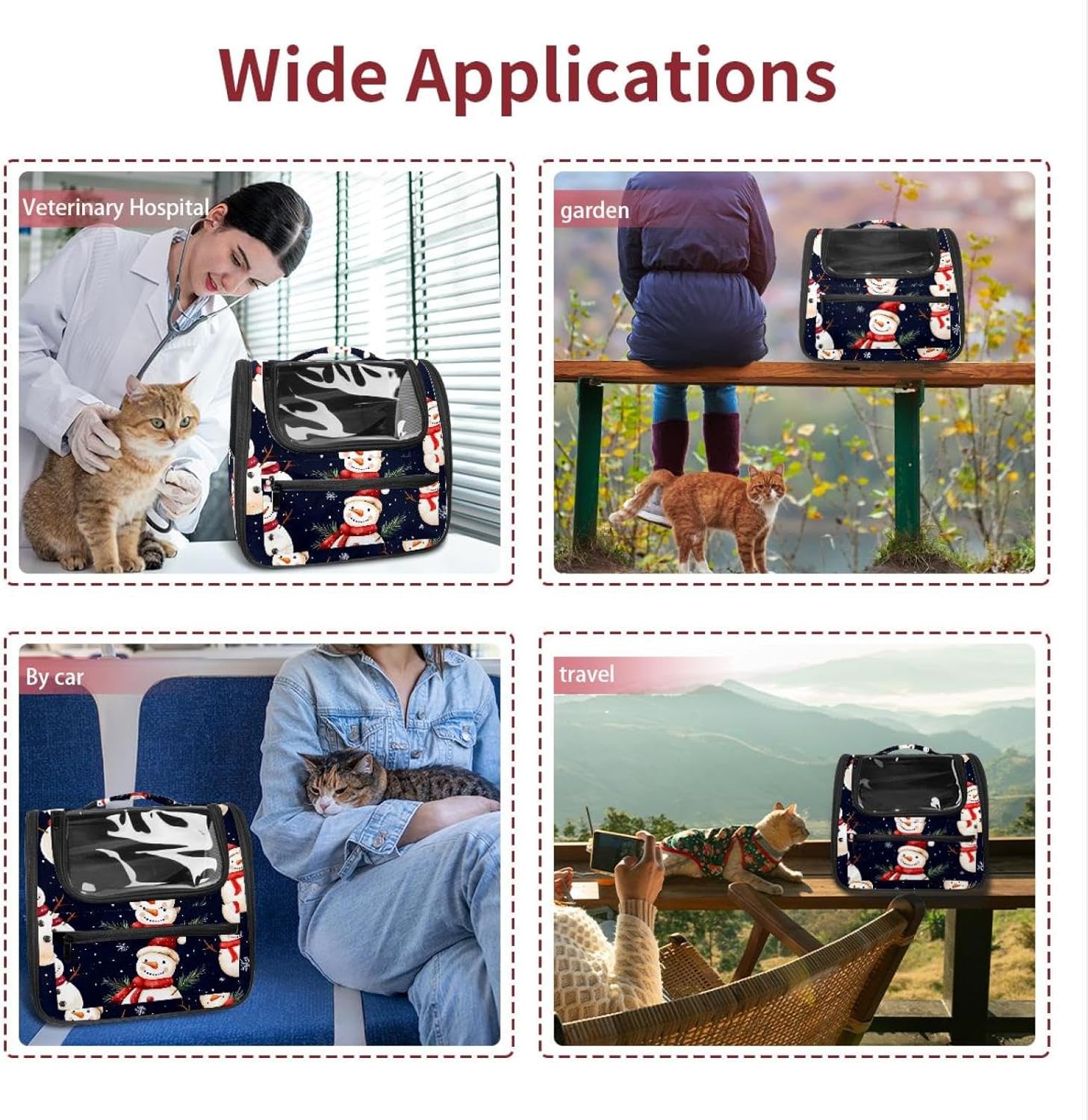 Portable Travel pet Backpack Carrier Hamster Bag Small Dog cat Carrier Breathable Hang Bag, Merry Christmas Snowman