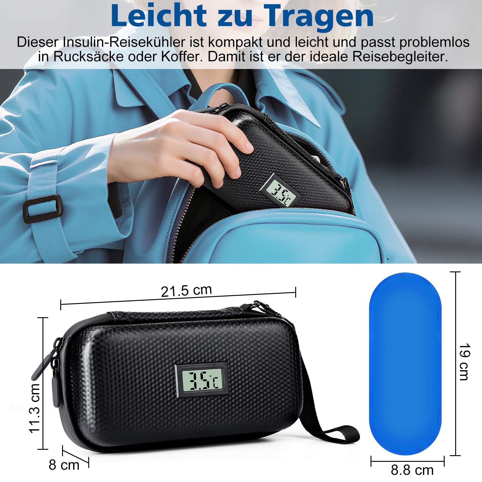 Insulin kühltasche, Diabetiker Tasche für Diabetikerzubehör mit Digitaler Temperaturanzeige, Insulin Pen Tasche mit 2 TSA Kühlakkus, Medikamententasche Kühlbox für Reisen & Tägliches Leben