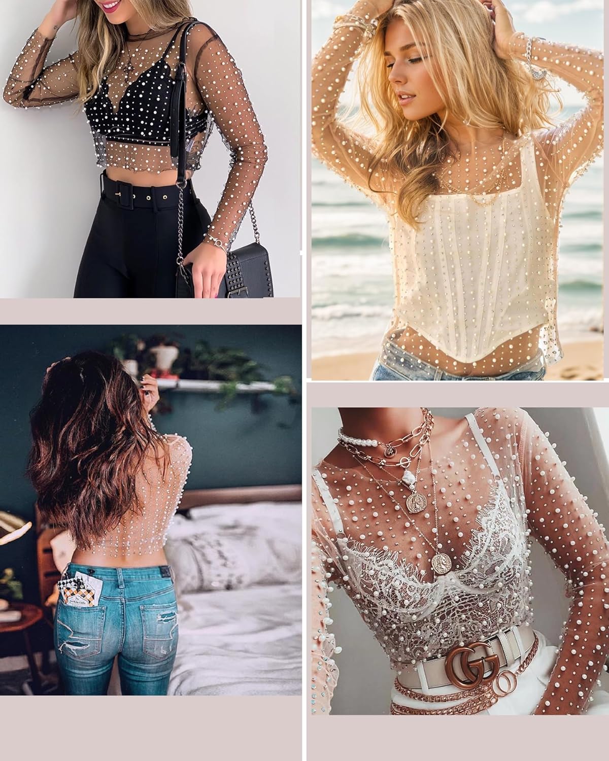 WILLSIN Women Pearl Rhinestone Sheer Mesh Crop Top Sexy See Through Long Sleeve Slim Fit Cropped Blouse Shirt Glitter Tops - Image 5