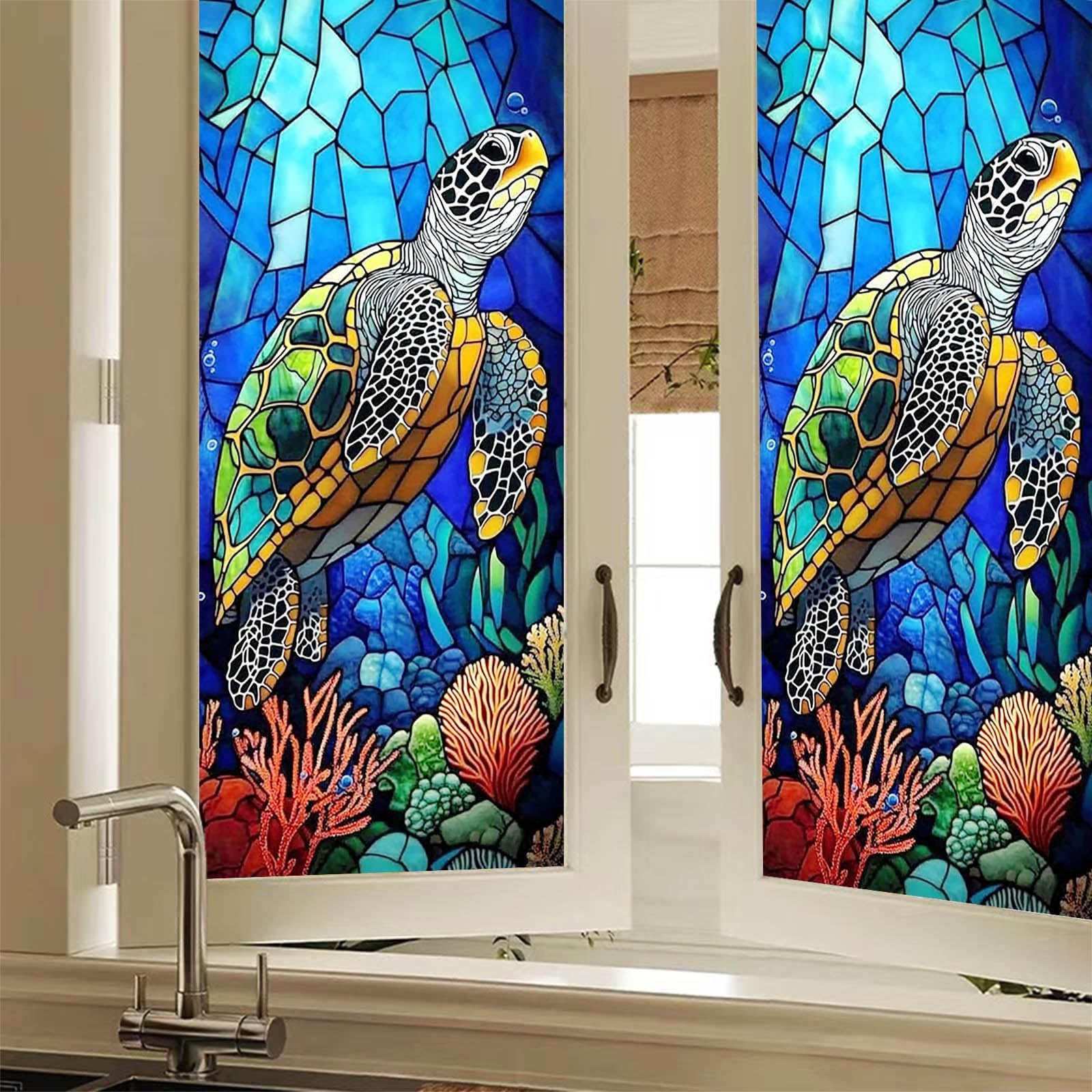 Stained Glass Window Film Colorful Sea Turtle Window Privacy Film Stained Decals Static Cling Sun Blocking Decor for Home Office Windows Doors Glass Partitions 17.7x39.3 inch
