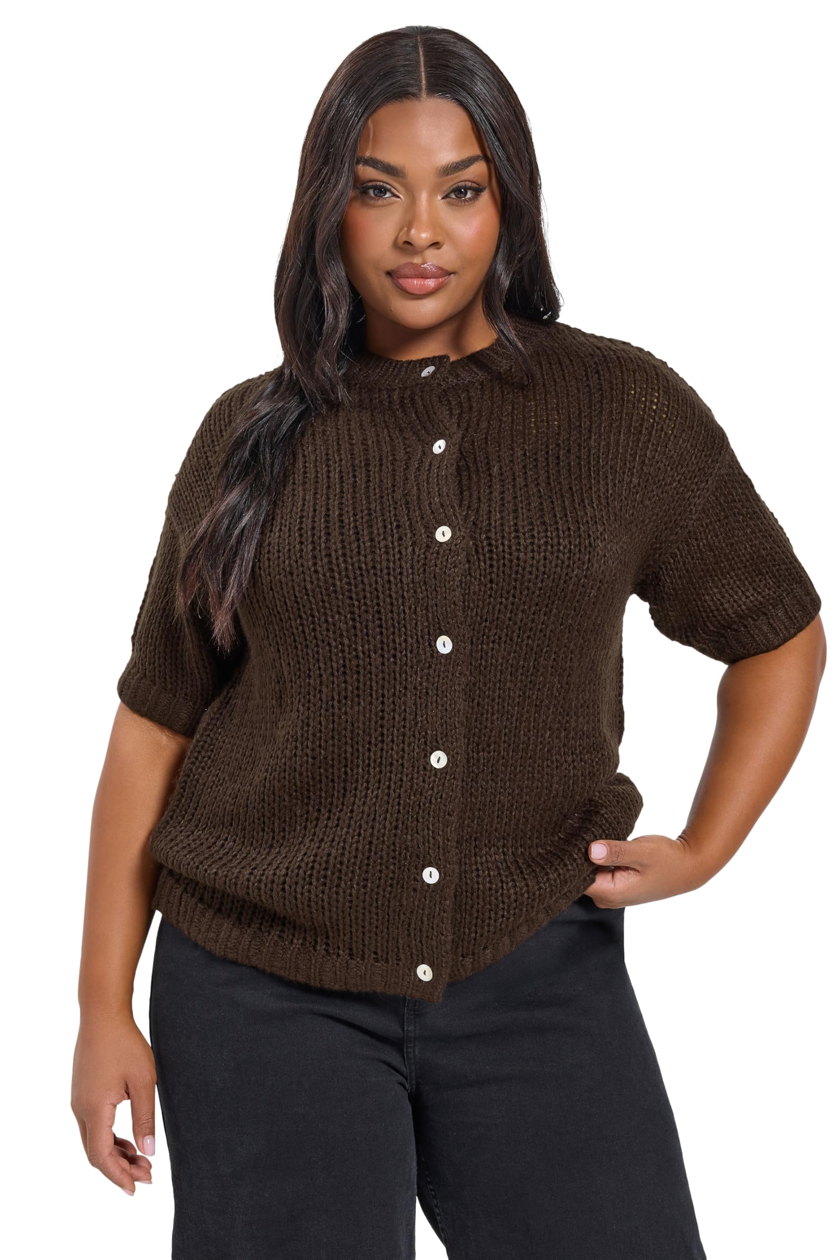 Yours Women's Chocolate Short Sleeve Knitted Cardigan In | Size: 22/24
