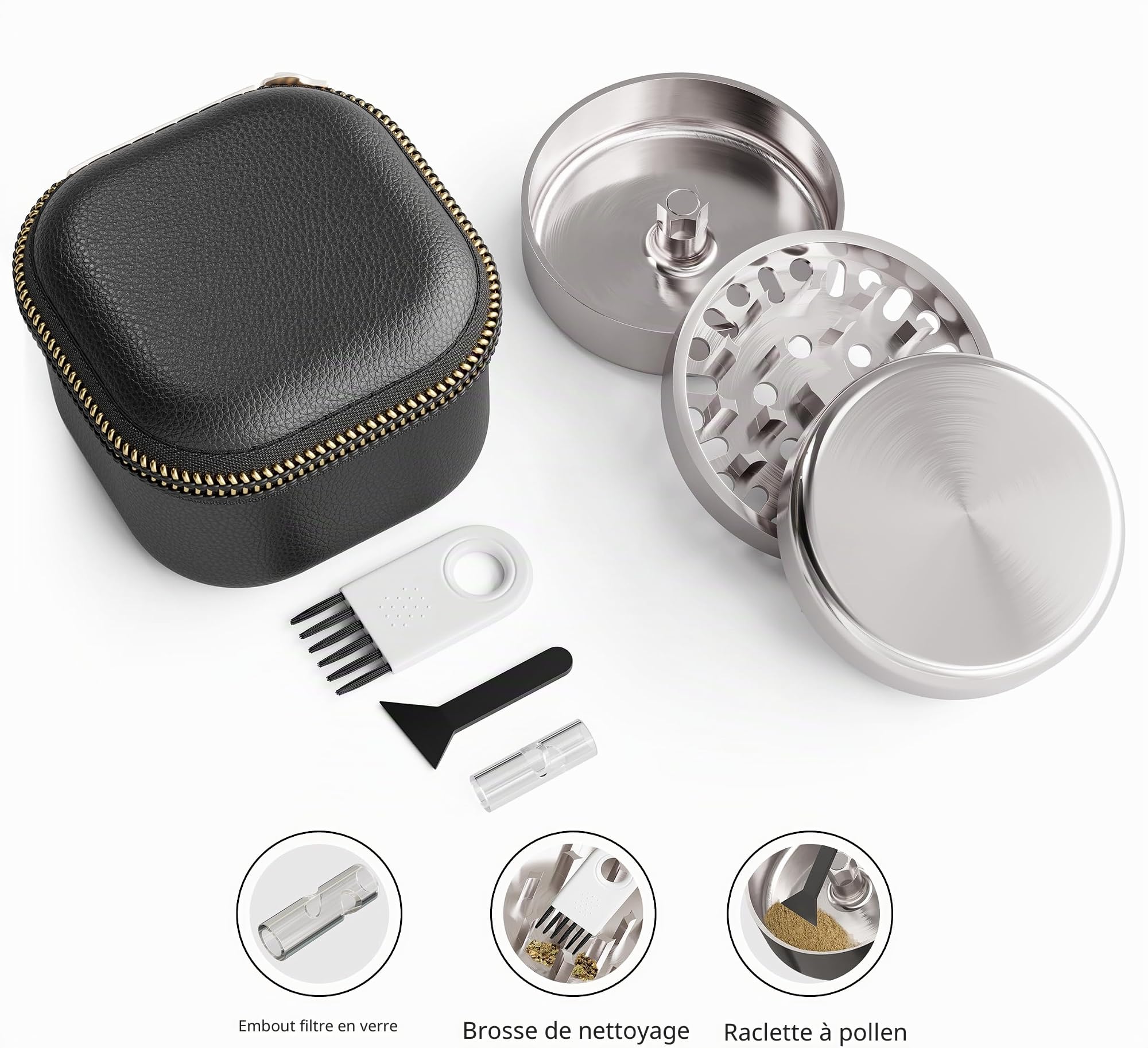 Broyeur à herbes en acier inoxydable de qualité supérieure - 3 pièces - Avec broyeur tranchant - Diamètre : 62 mm - Avec étui de protection